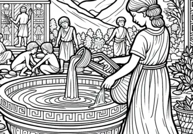 Wasserbecken in historischer Kulisse – Ausmalbild älteste Zivilisationen gratis