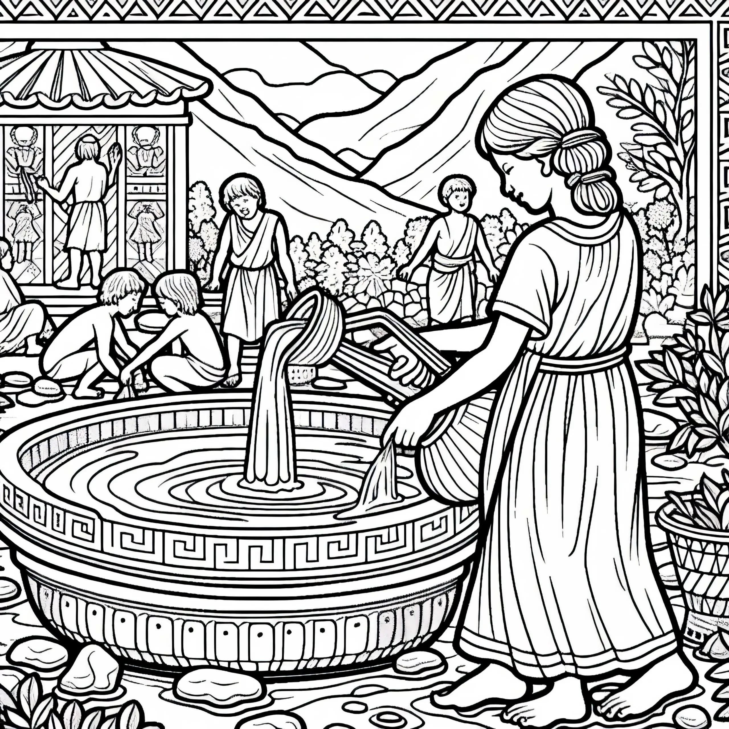 Wasserbecken in historischer Kulisse – Ausmalbild älteste Zivilisationen gratis