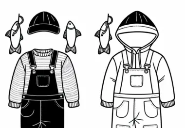 Wasserdichte Kleidung und Gummistiefel eines Fischers – Ausmalbild kostenlos