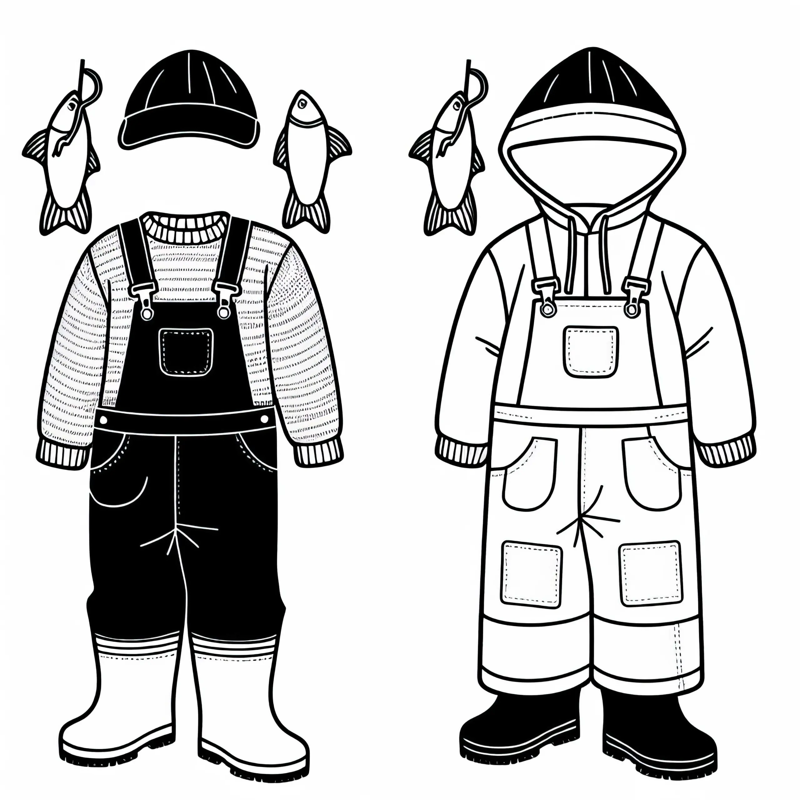 Wasserdichte Kleidung und Gummistiefel eines Fischers – Ausmalbild kostenlos