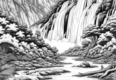 Wasserfall Ergiesst Sich In Fluss Einer Flusslandschaft: Malvorlage Gratis