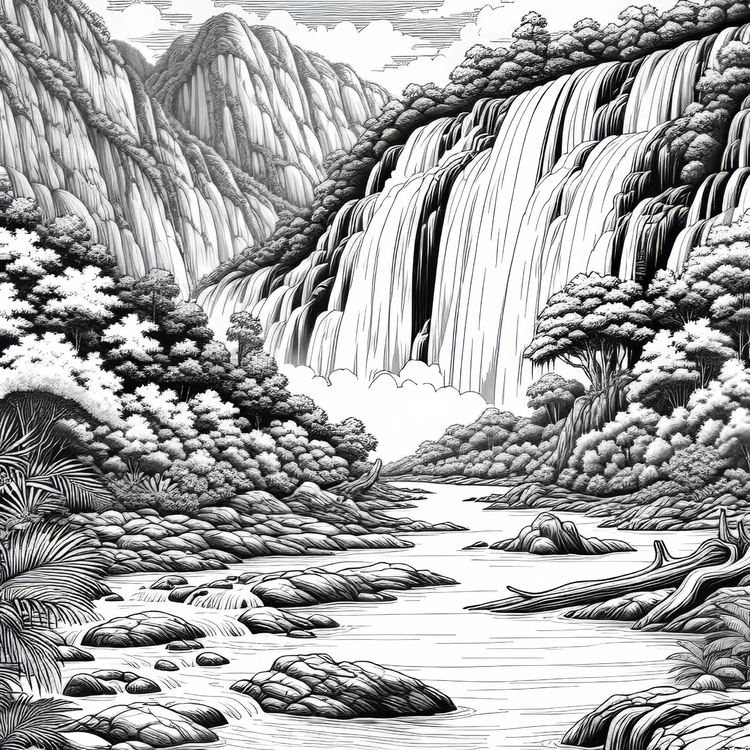 Wasserfall Ergiesst Sich In Fluss Einer Flusslandschaft: Malvorlage Gratis (Ausmalbild)