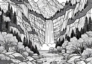 Wasserfall stürzt in tiefe Schlucht im Gebirge – Ausmalbild kostenlos