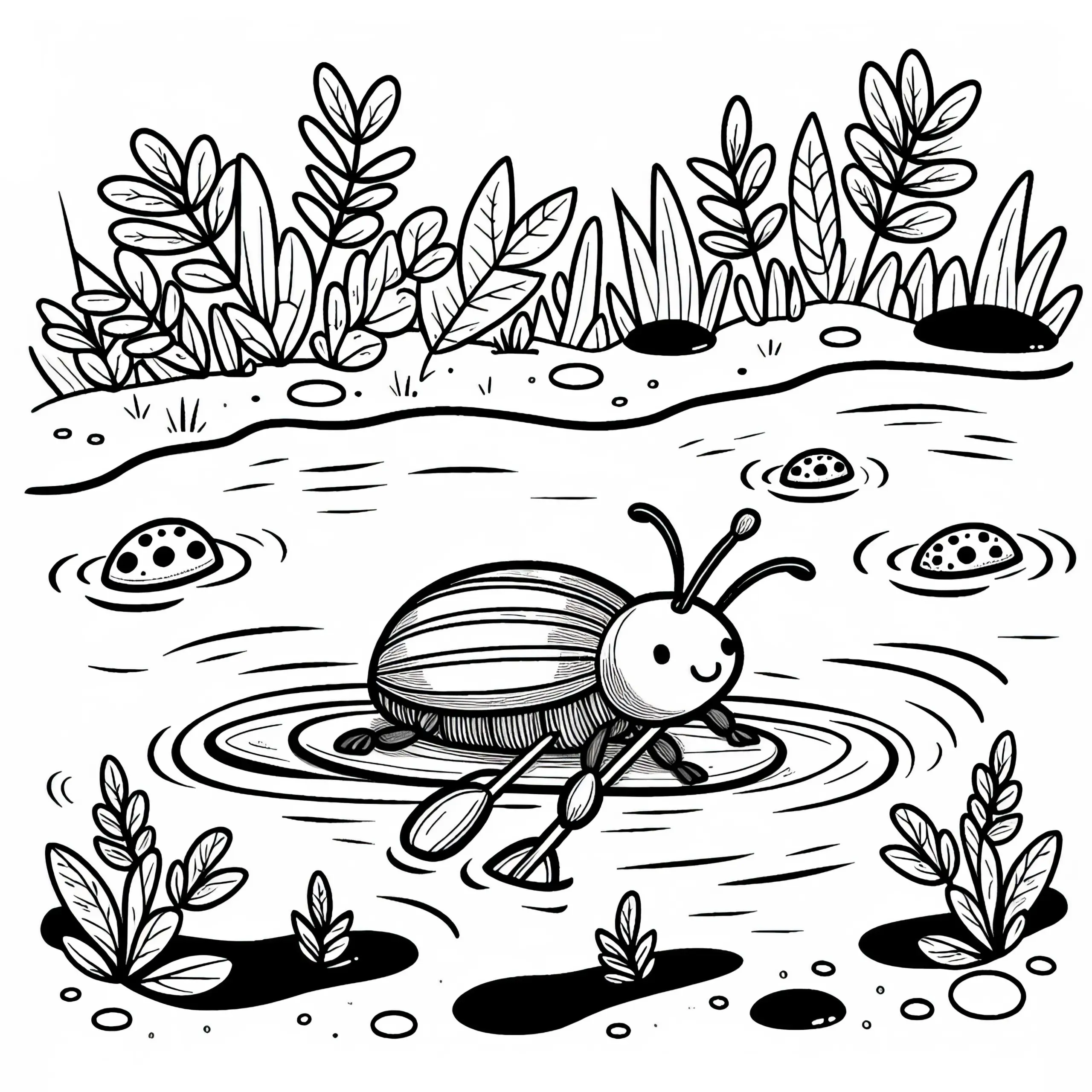 Wasserkäfer paddelt durch kleinen Teich: Kostenloses Ausmalbild