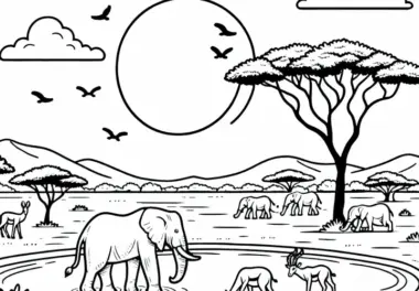 Wasserloch mit Elefanten und Antilopen bei Sonnenaufgang – Malvorlage Afrika gratis