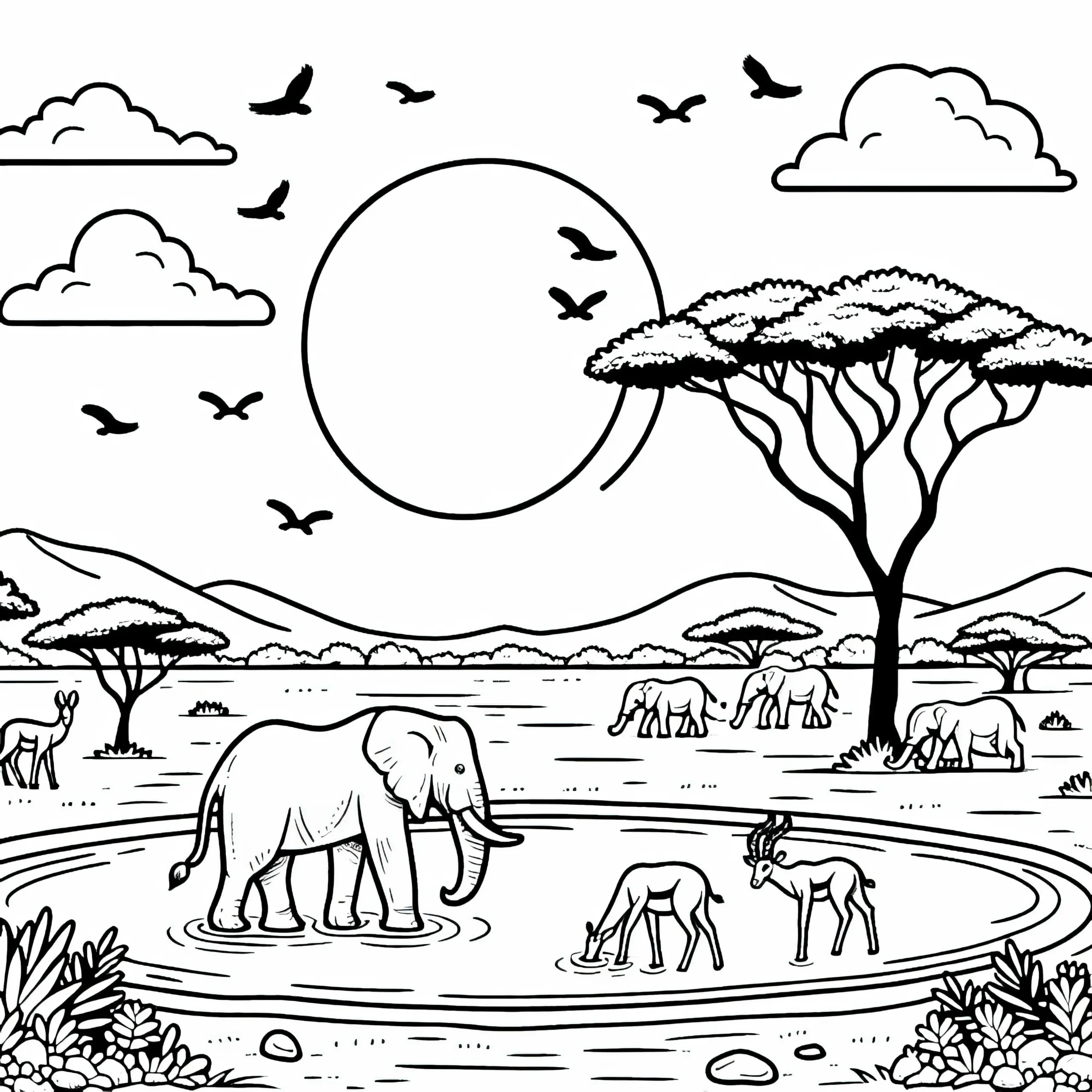 Wasserloch mit Elefanten und Antilopen bei Sonnenaufgang – Malvorlage Afrika gratis (Ausmalbild)