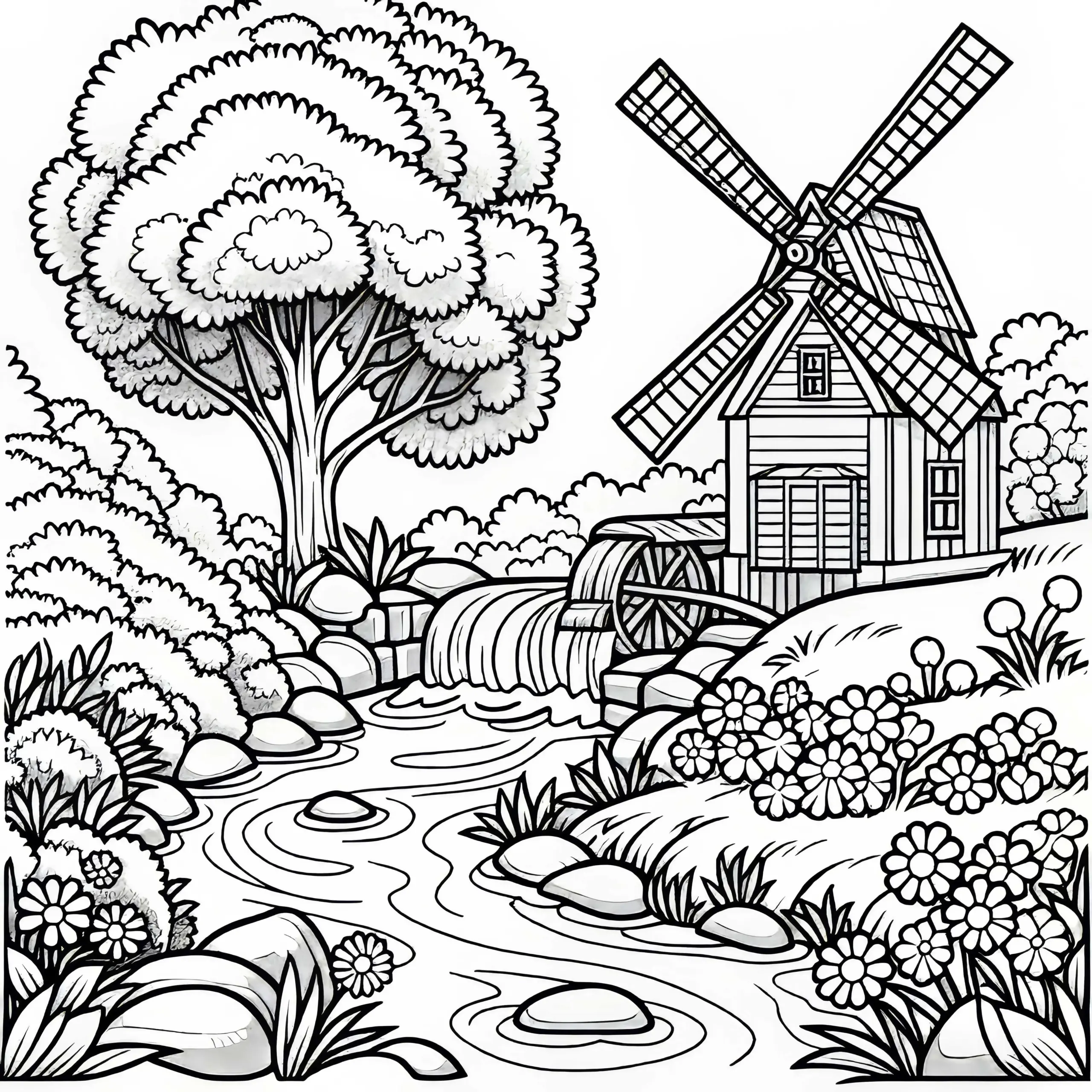 Wassermühle an plätscherndem Bach – Malvorlage kostenlos (Ausmalbild)