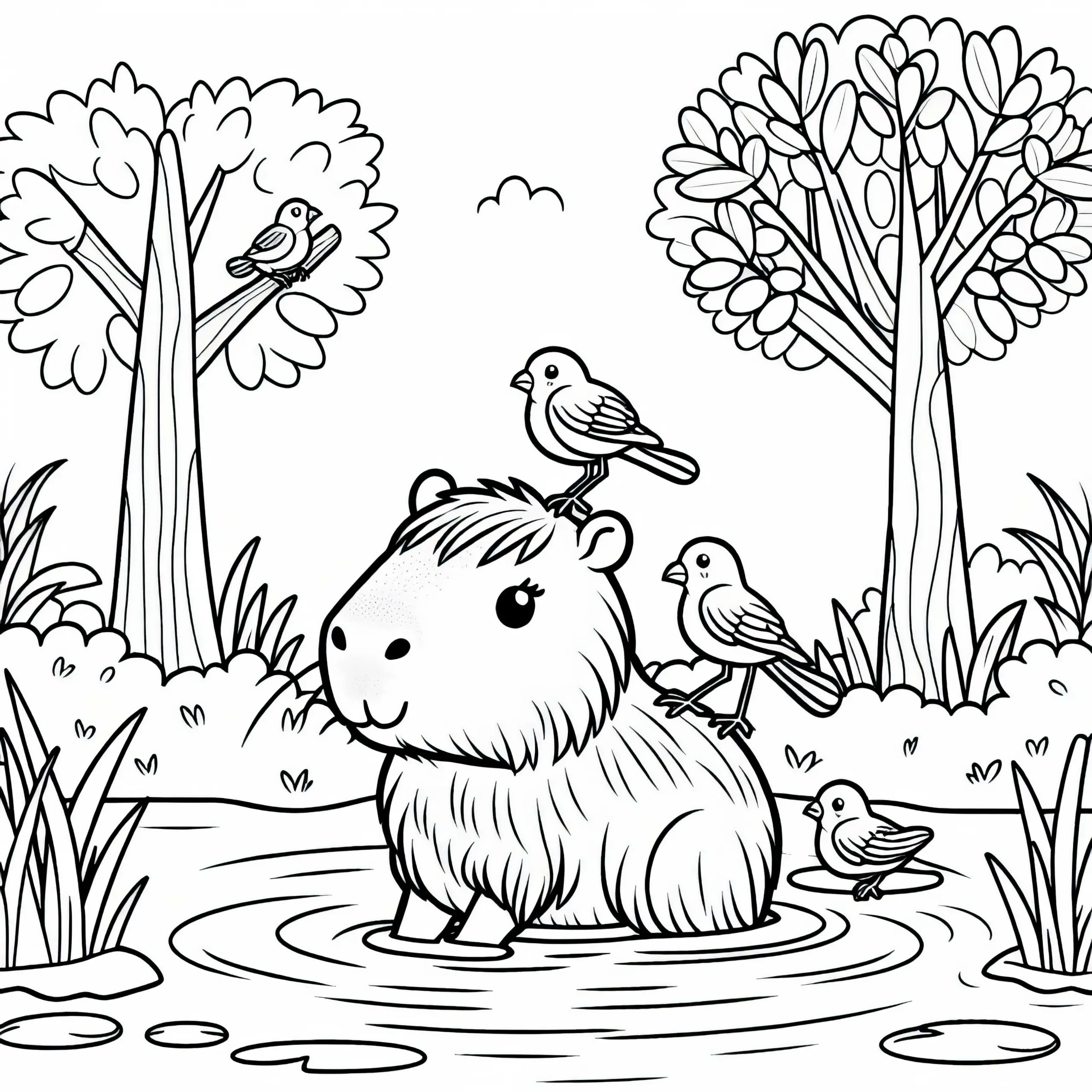 Wasserschwein badet entspannt im Teich, Vögel sitzen auf seinem Rücken – Ausmalbild kostenlos