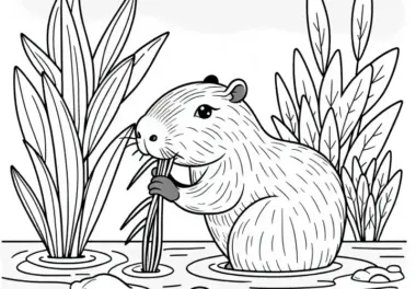 Wasserschwein knabbert an Wasserpflanze – Ausmalbild kostenlos