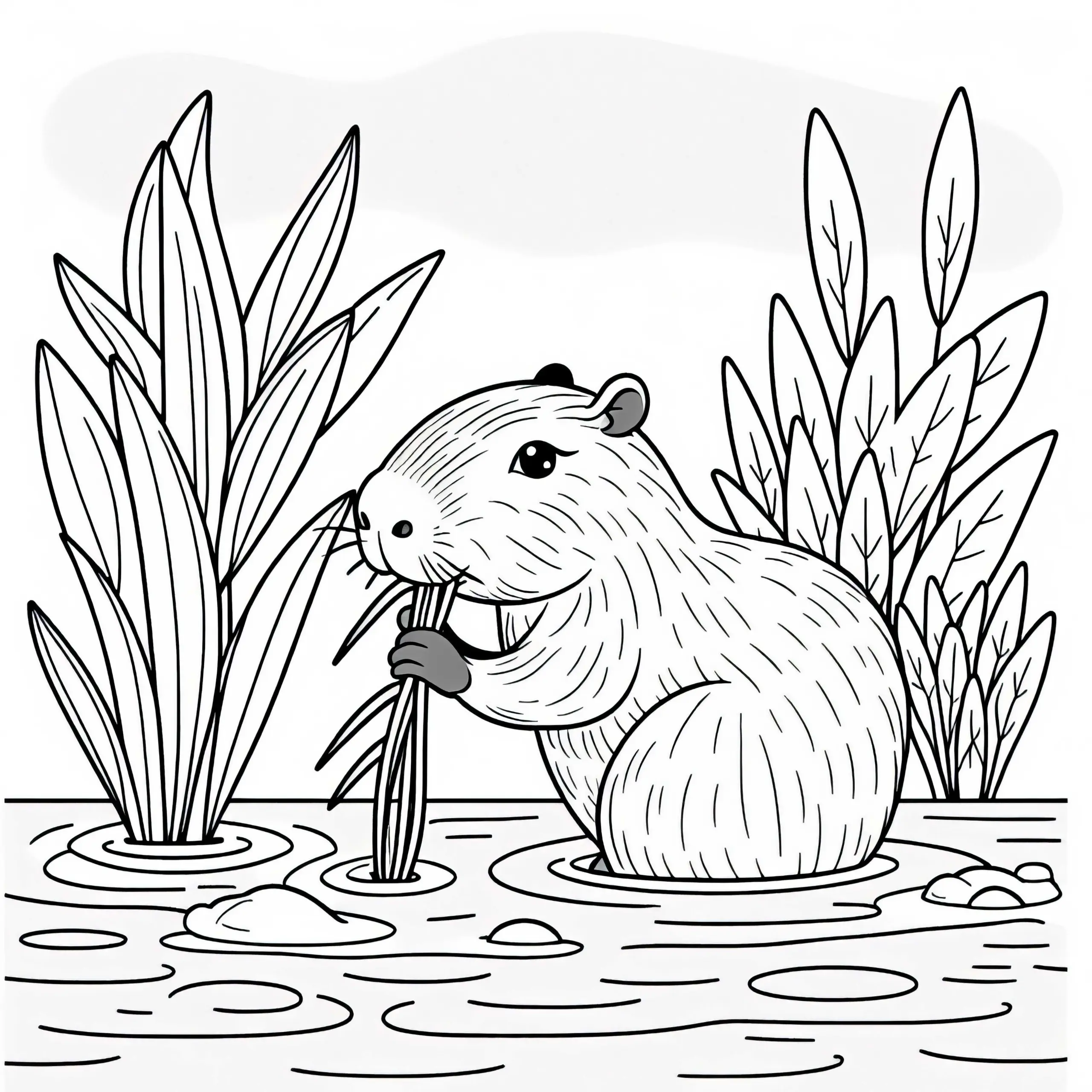Wasserschwein knabbert an Wasserpflanze – Ausmalbild kostenlos