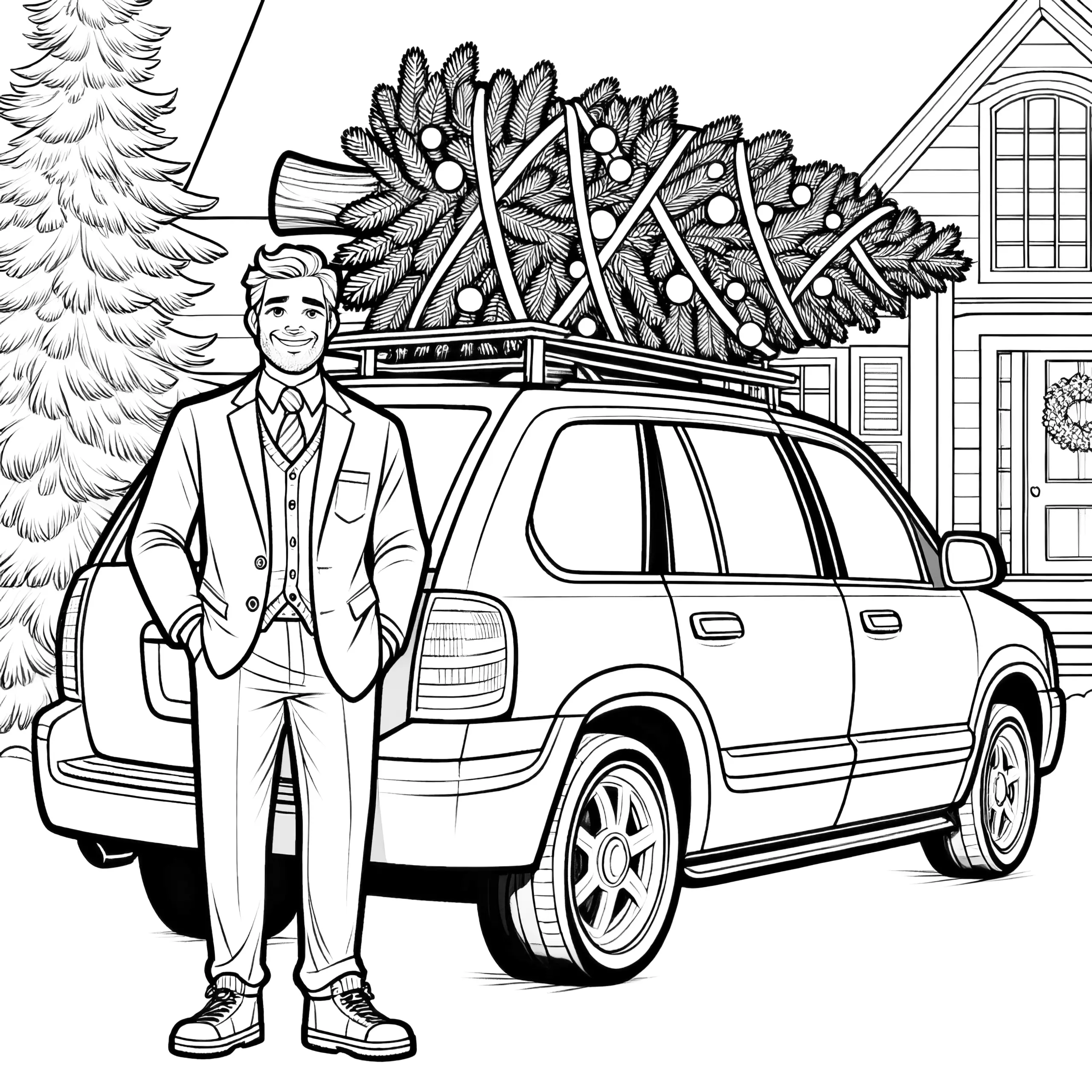 Weihnachtsbaum auf Auto – kostenlose Malvorlage (Ausmalbild)