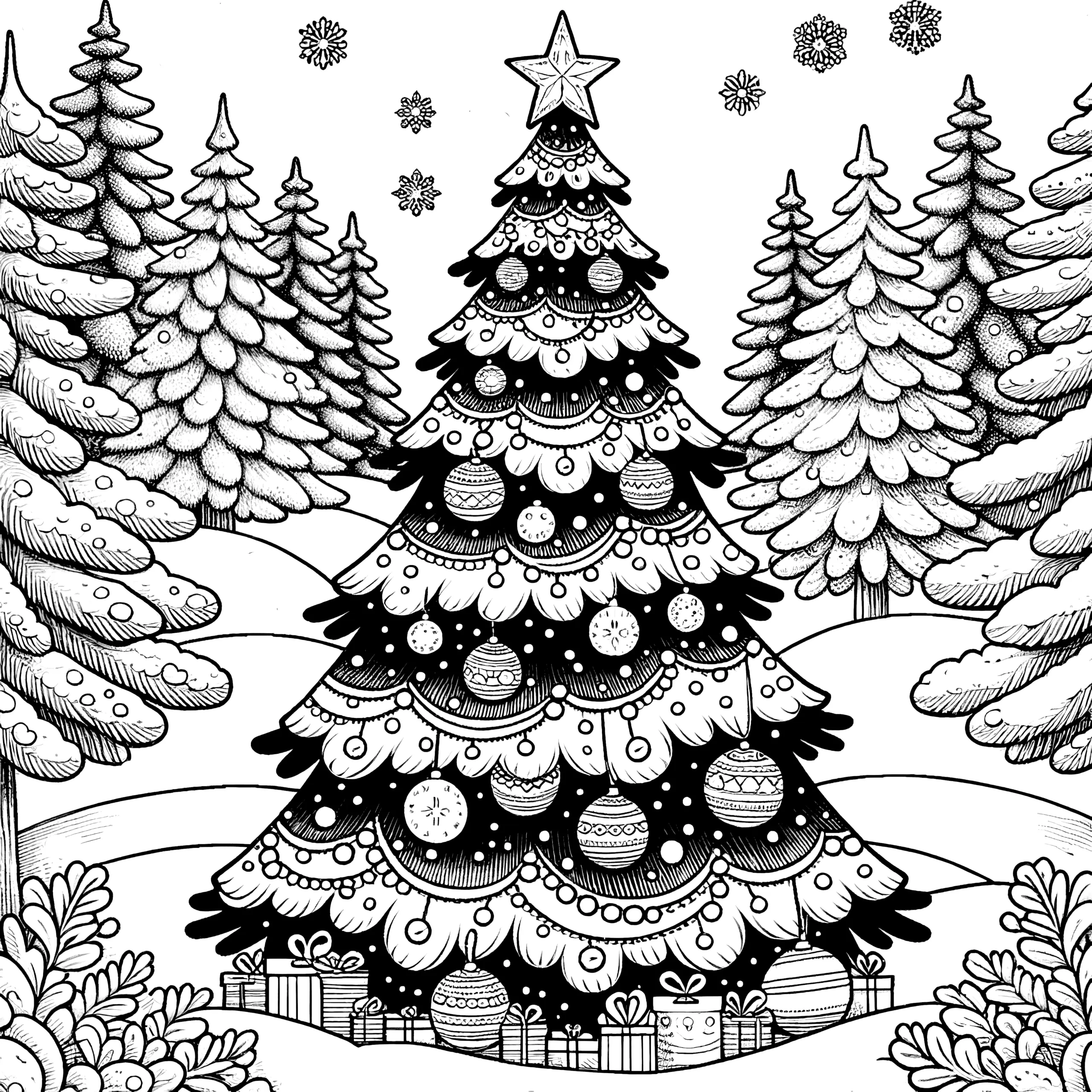 Weihnachtsbaum geschmückt mit Weihnachtskugeln (Ausmalbild)