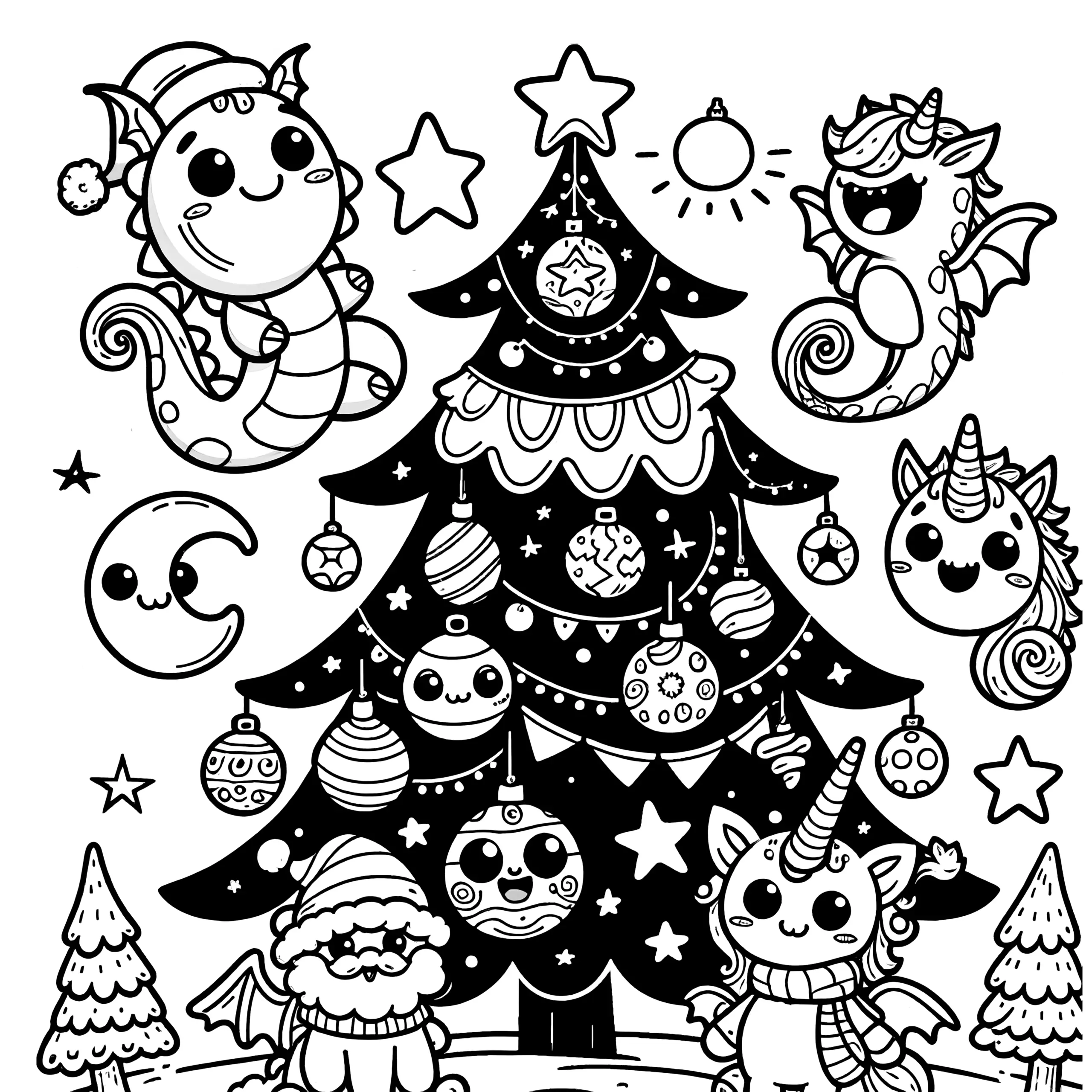 Weihnachtsbaum mit Mond, Sternen & Kugeln (Ausmalbild)