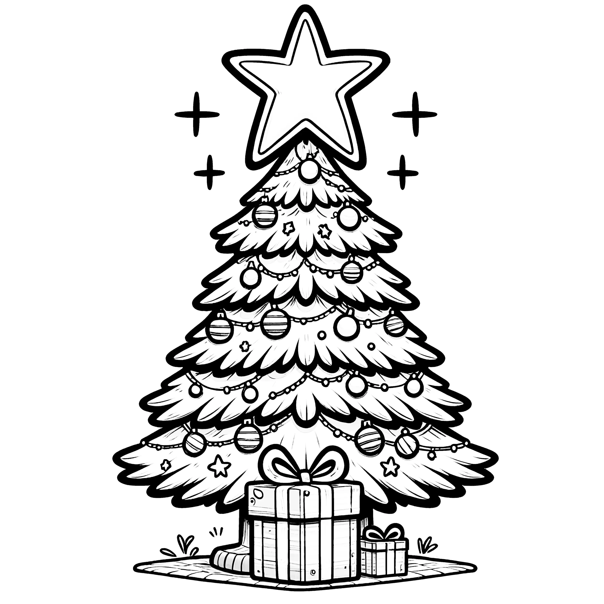 Weihnachtsbaum mit Stern zum Ausmalen & Drucken (Ausmalbild)