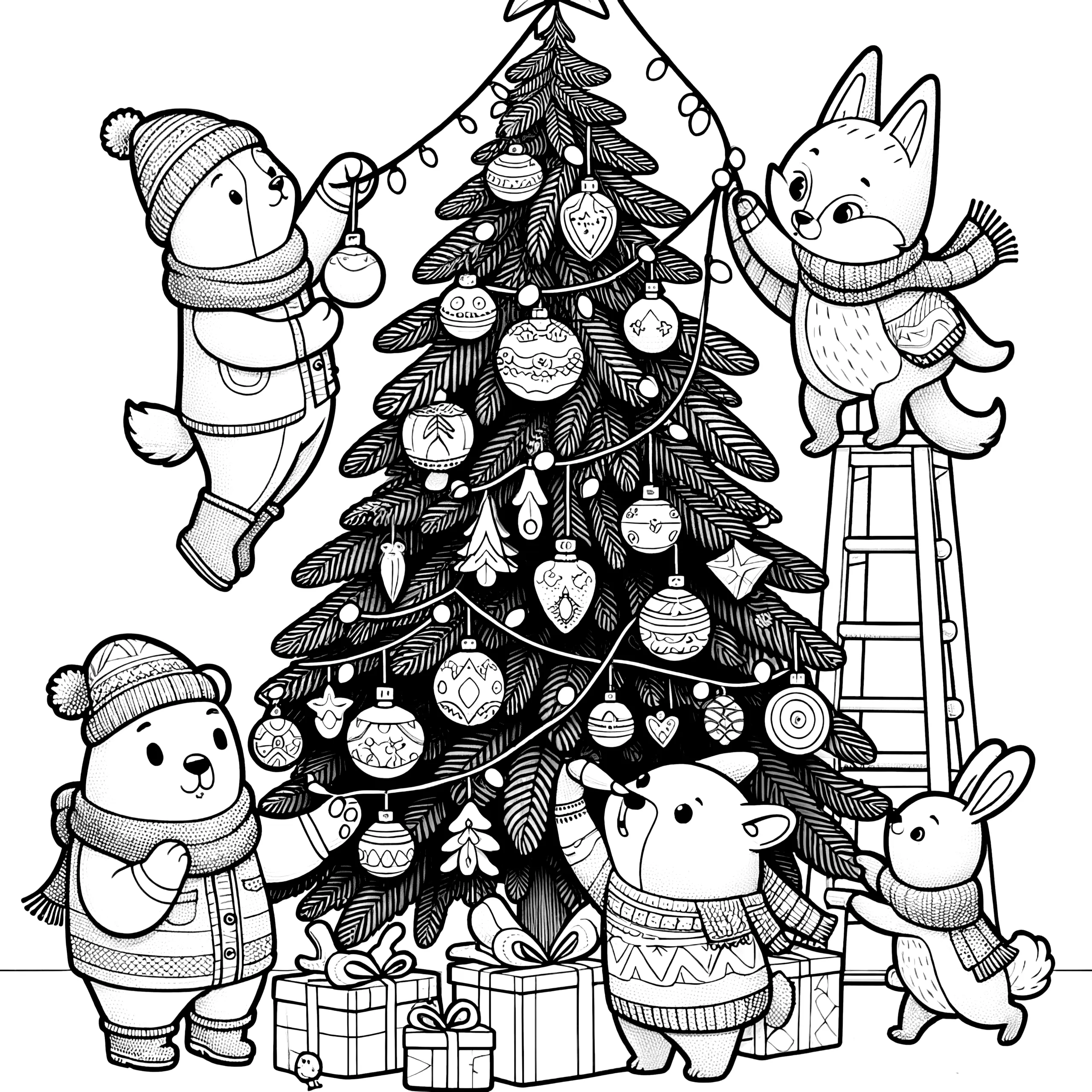 Weihnachtsbaum mit Tieren – kostenlose Malvorlage (Ausmalbild)