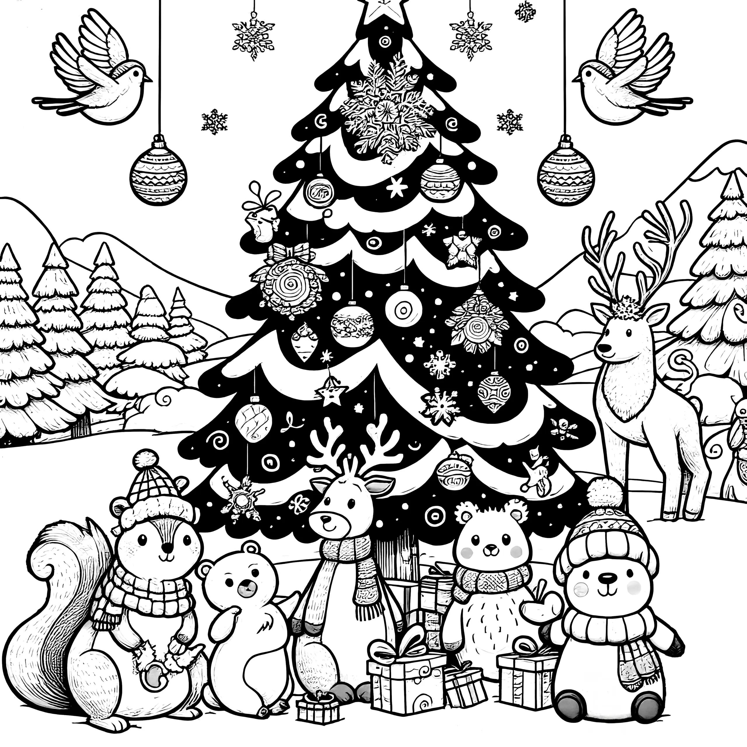 Weihnachtsbaum mit Tieren & Weihnachtskugeln (Ausmalbild)