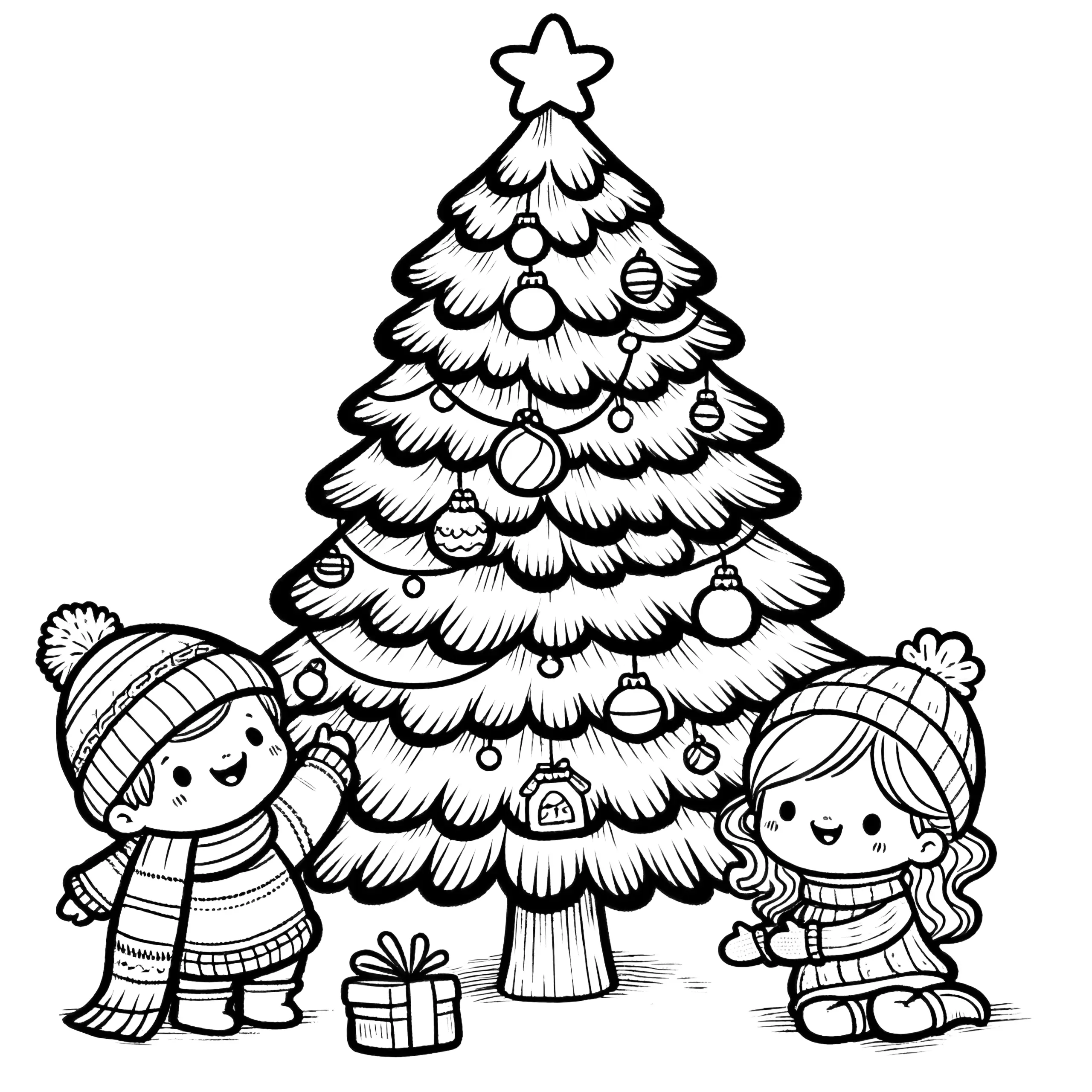 Weihnachtsbaum mit zwei Kindern: kostenlose Malvorlage (Ausmalbild)