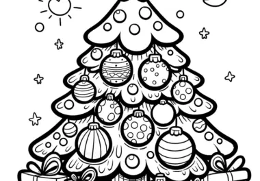 Einfaches Ausmalbild: Weihnachtsbaum mit Weihnachtskugeln
