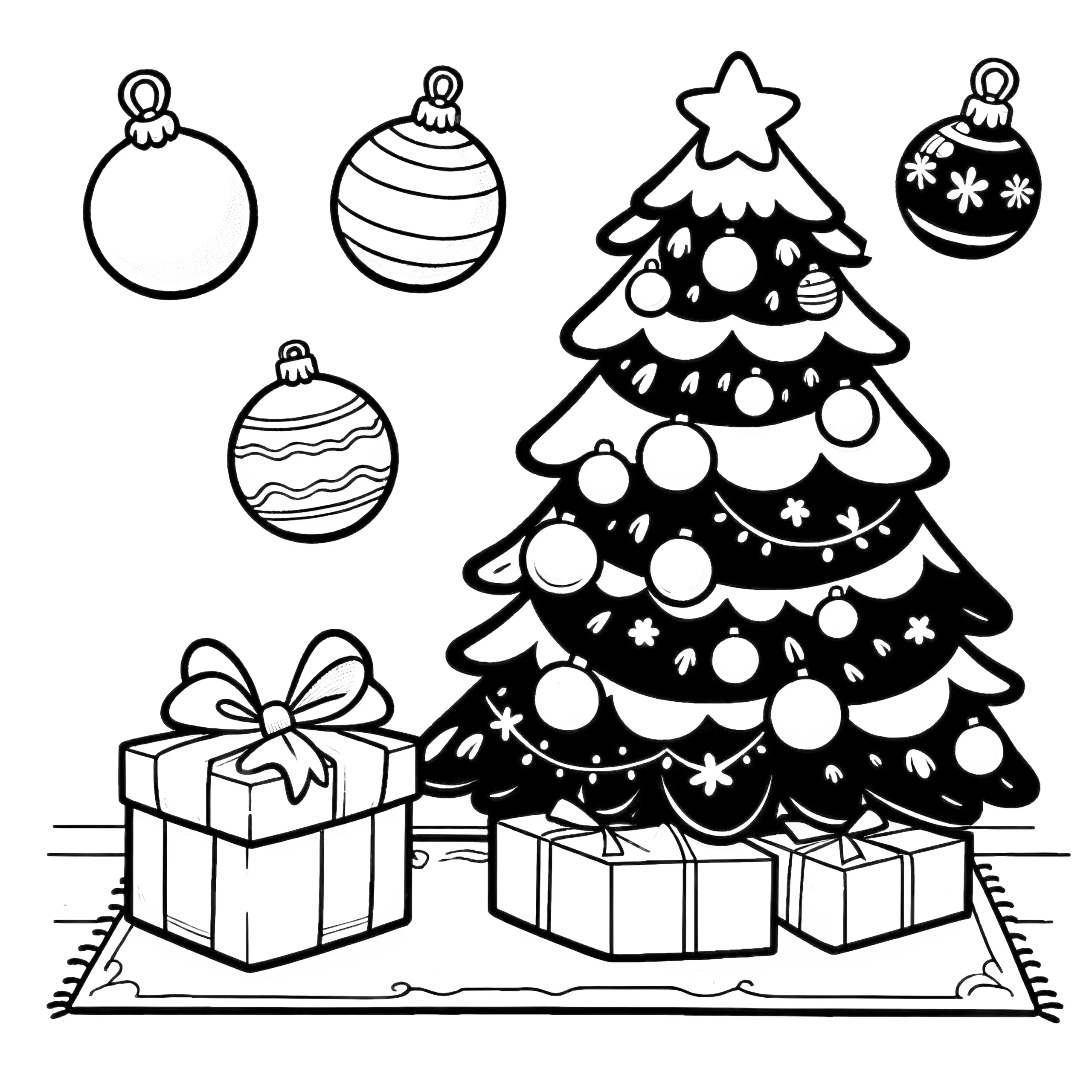 Weihnachtsbaumkugeln & Geschenke – Malvorlage (Ausmalbild)