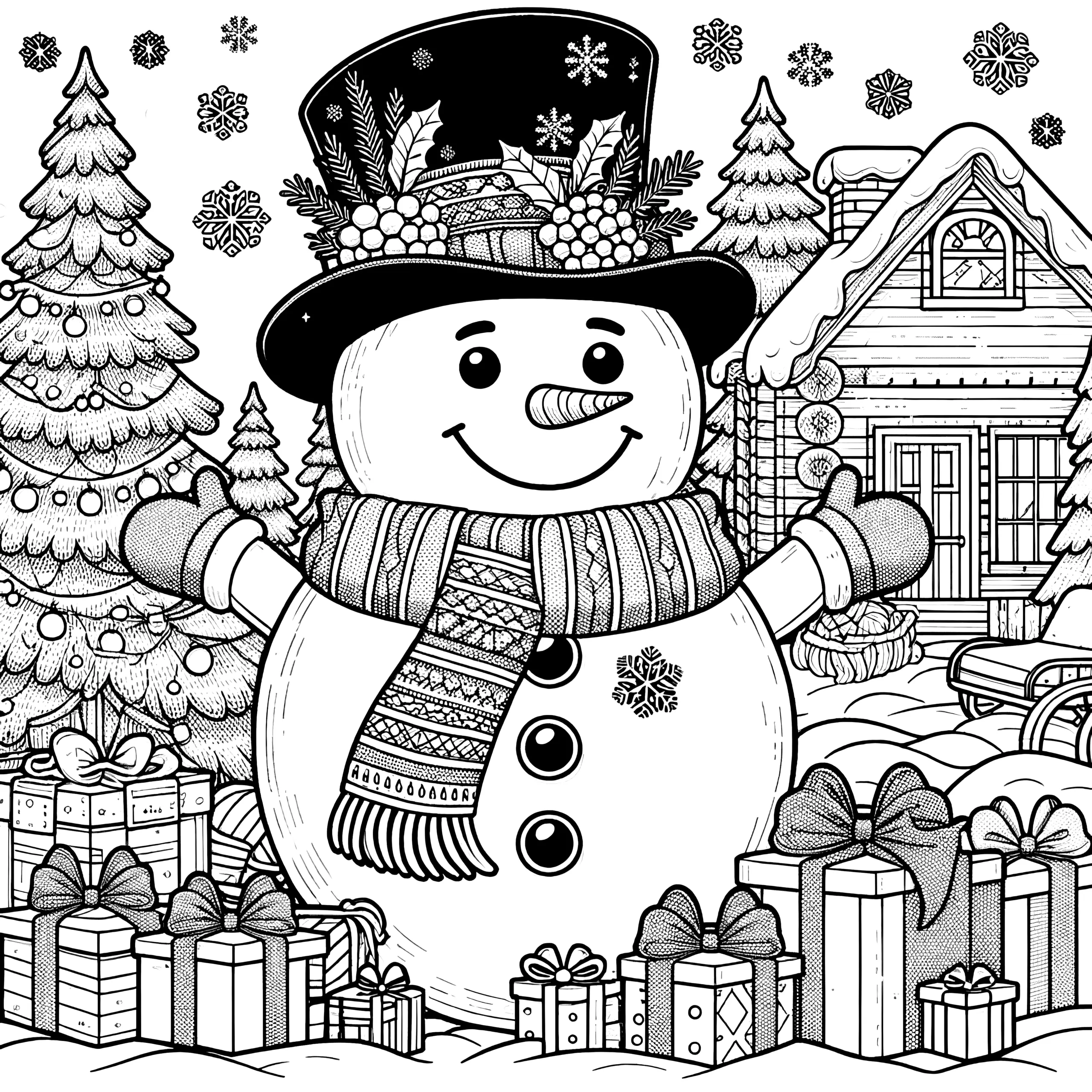 Weihnachtsbild zum Ausmalen: Schneemann mit Geschenken (Ausmalbild)