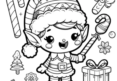 Weihnachtself mit Weihnachtsmotiven zum Ausmalen