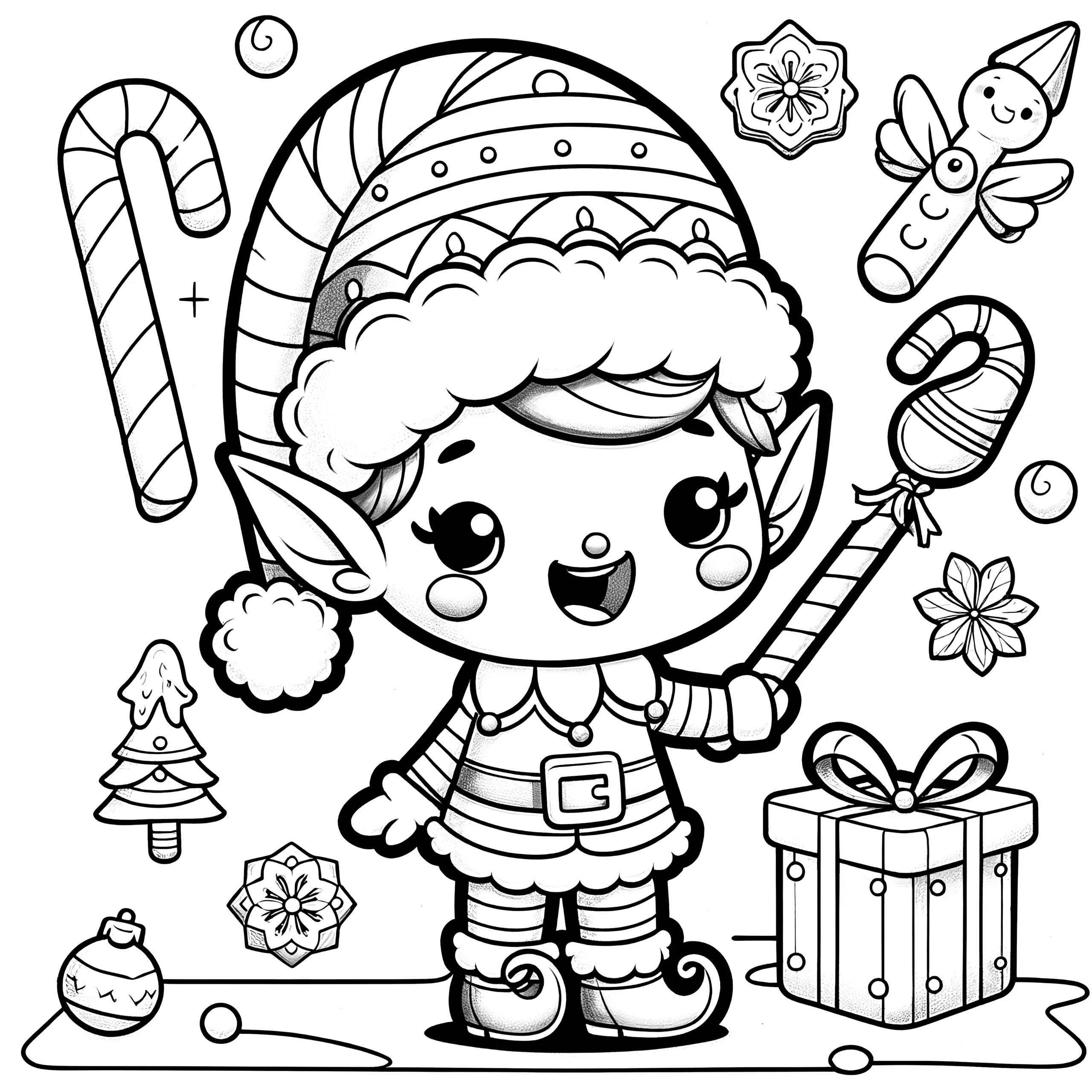 Weihnachtself mit Weihnachtsmotiven zum Ausmalen (Ausmalbild)
