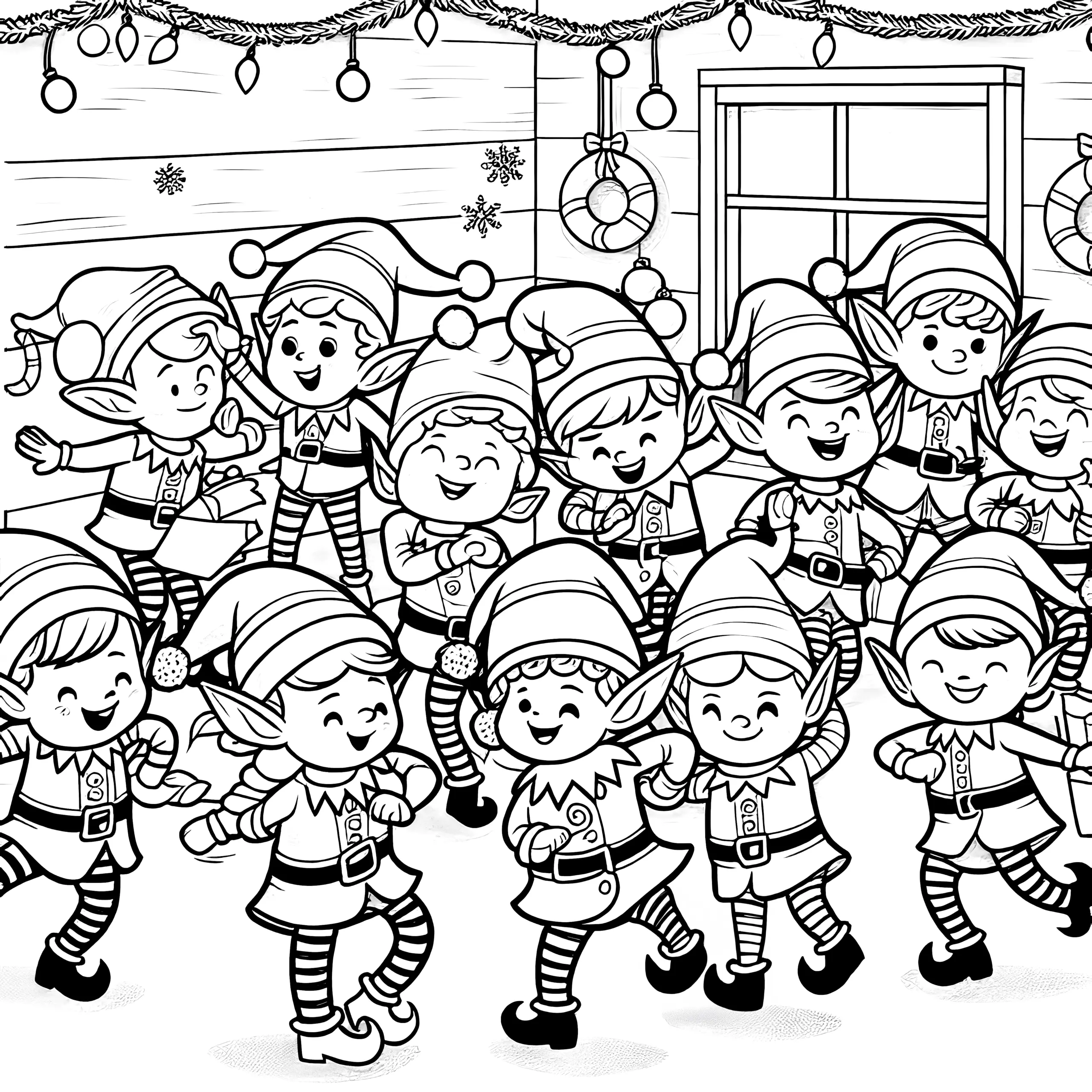 Weihnachtselfen tanzen & singen (Weihnachtsbild zum Ausmalen) (Ausmalbild)