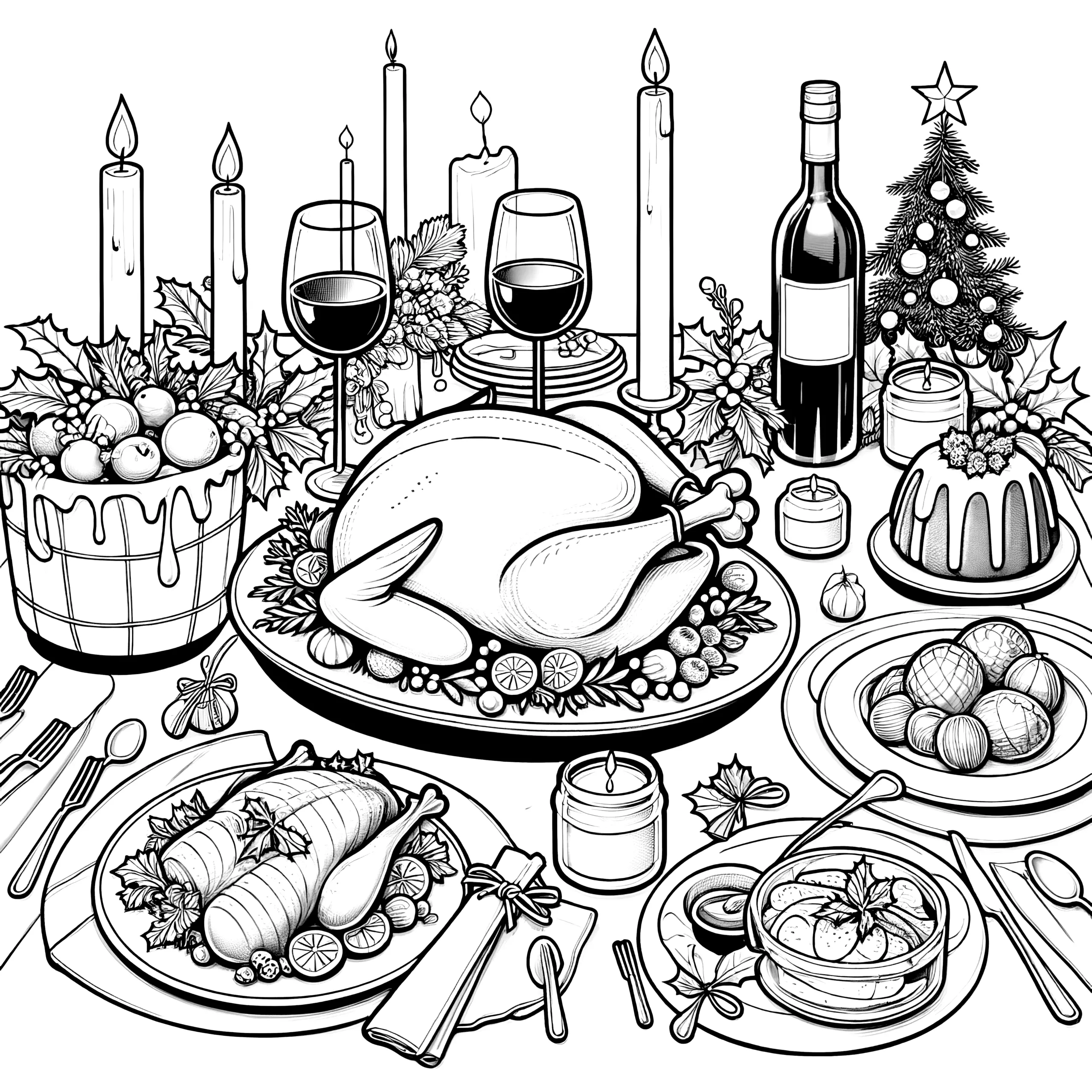 Weihnachtsessen mit Truthahn und Wein als Malvorlage (Ausmalbild)