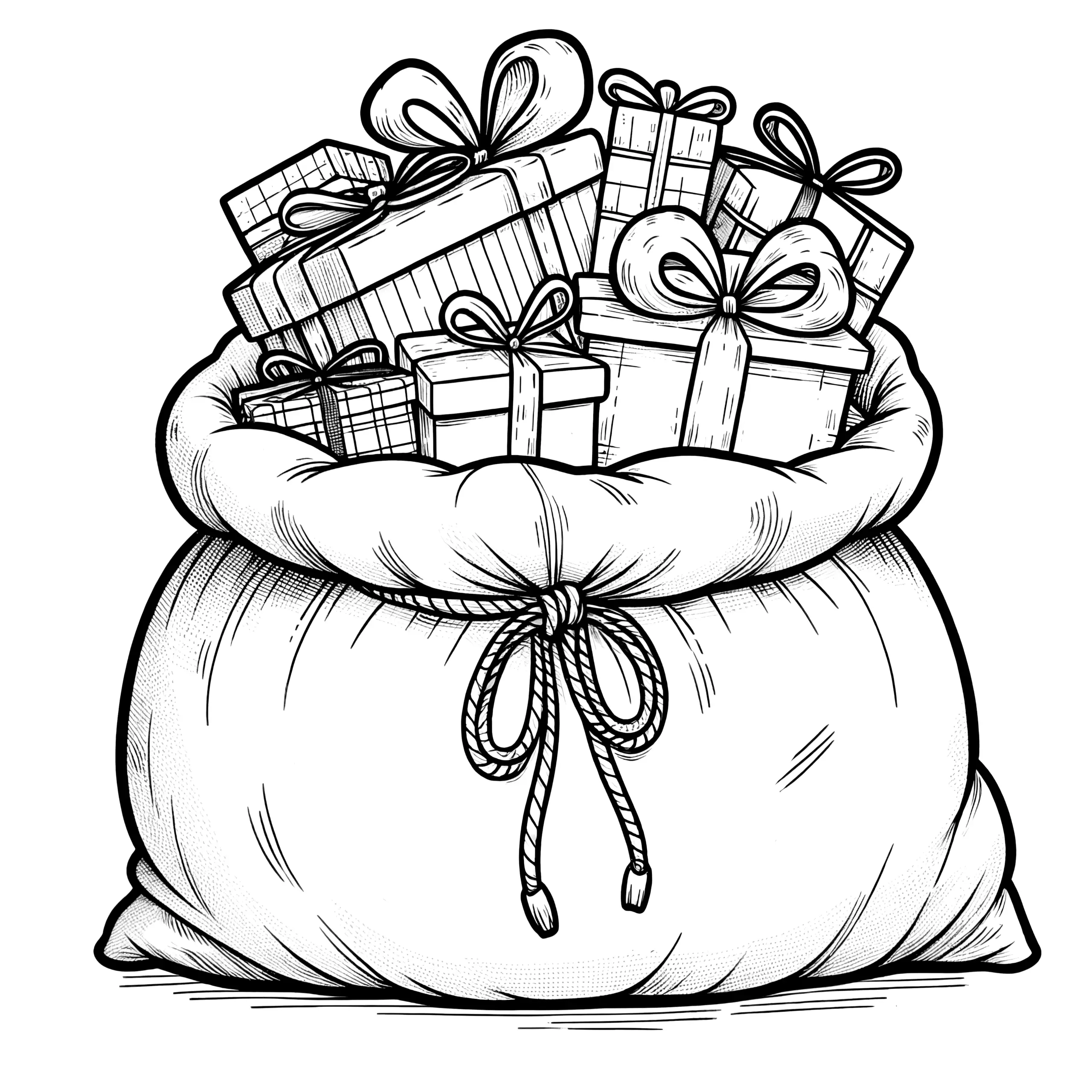 Weihnachtsgeschenke im Sack: Kostenlos – keine Registrierung nötig! (Ausmalbild)