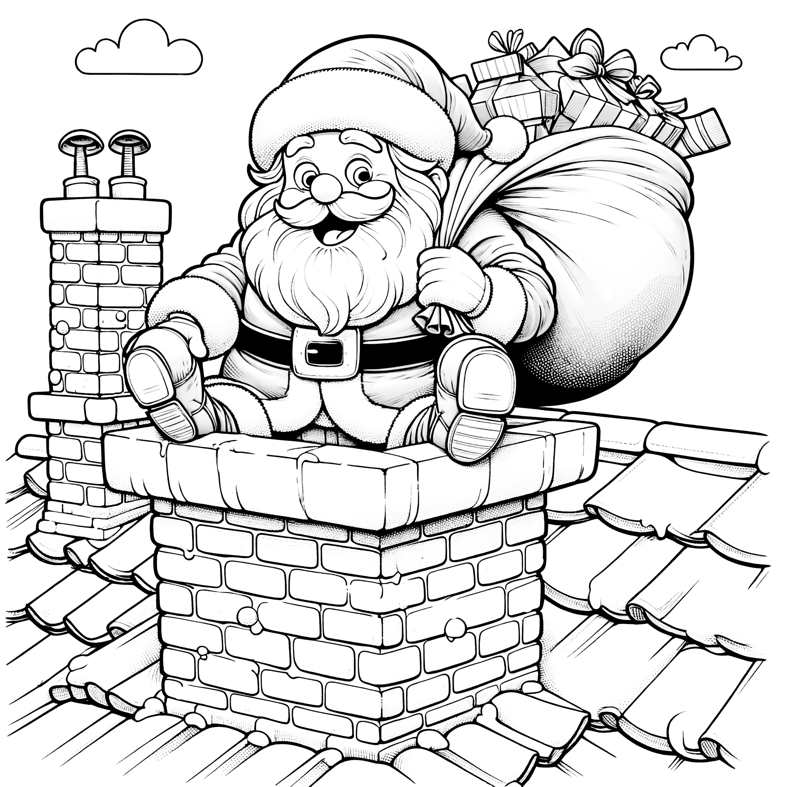 Weihnachtsmann am Schornstein mit Geschenken (Ausmalbild)