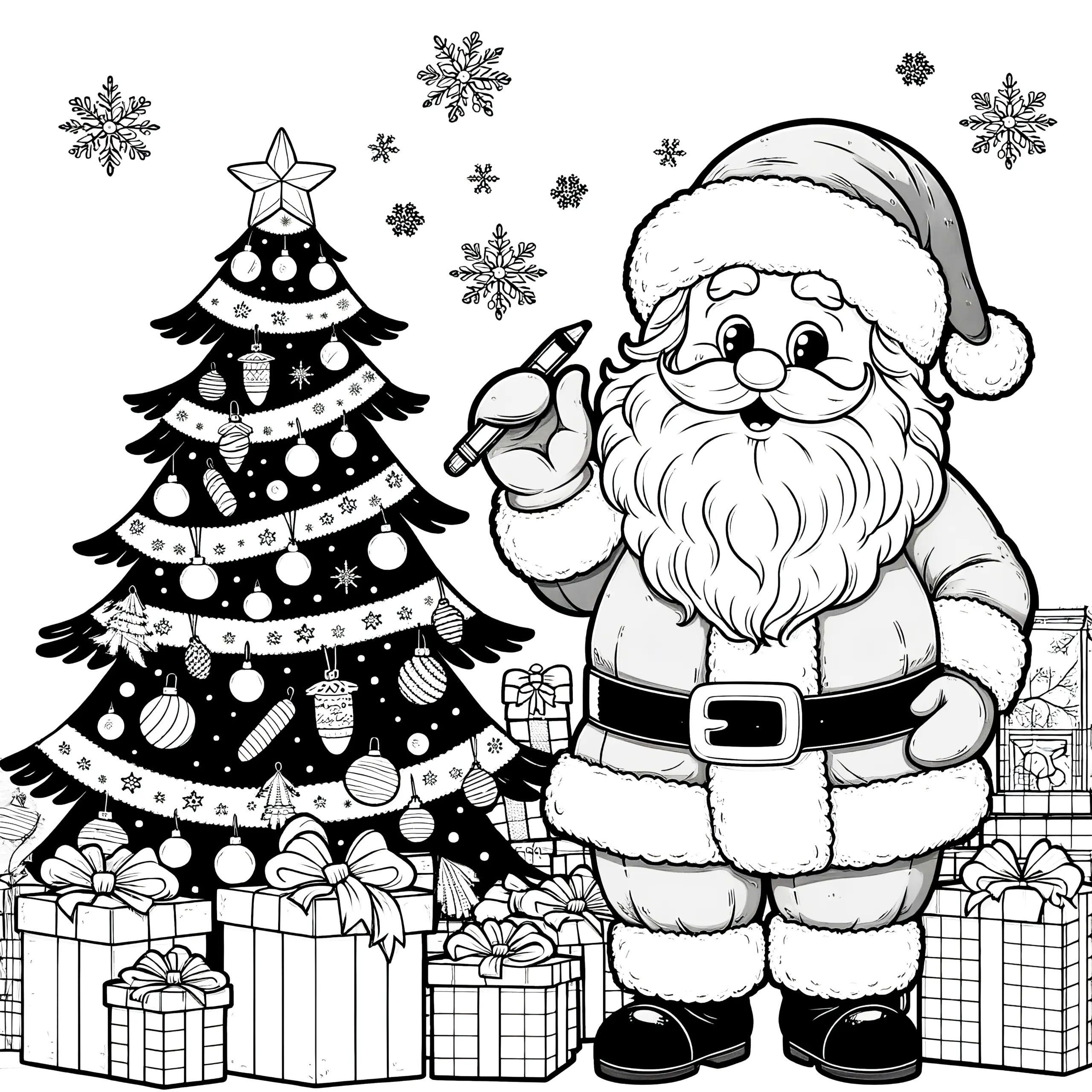 Weihnachtsmann mit Geschenken & Weihnachtsbaum (Malvorlage) (Ausmalbild)