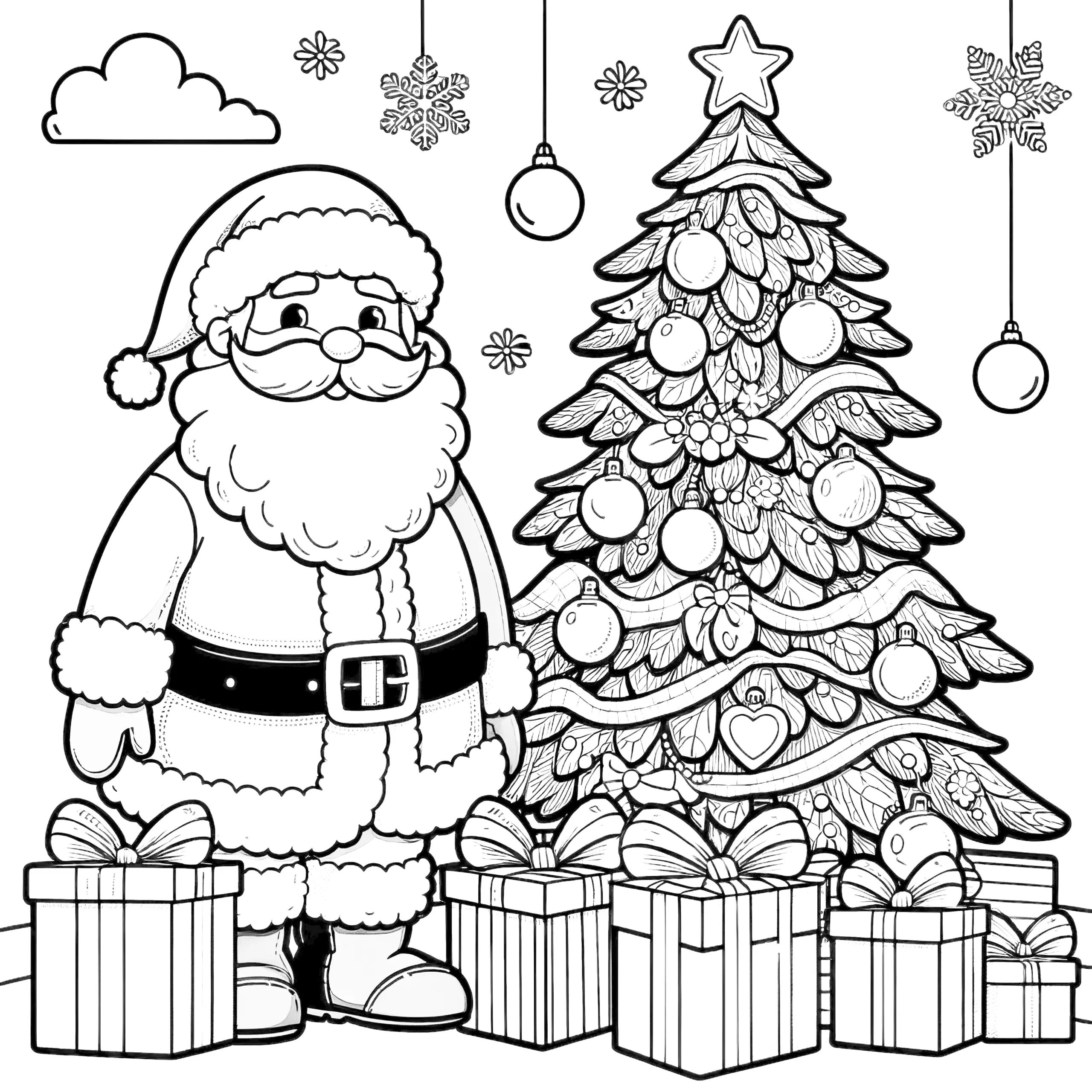 Weihnachtsmann, Geschenke, Tannenbaum: einfaches Ausmalbild