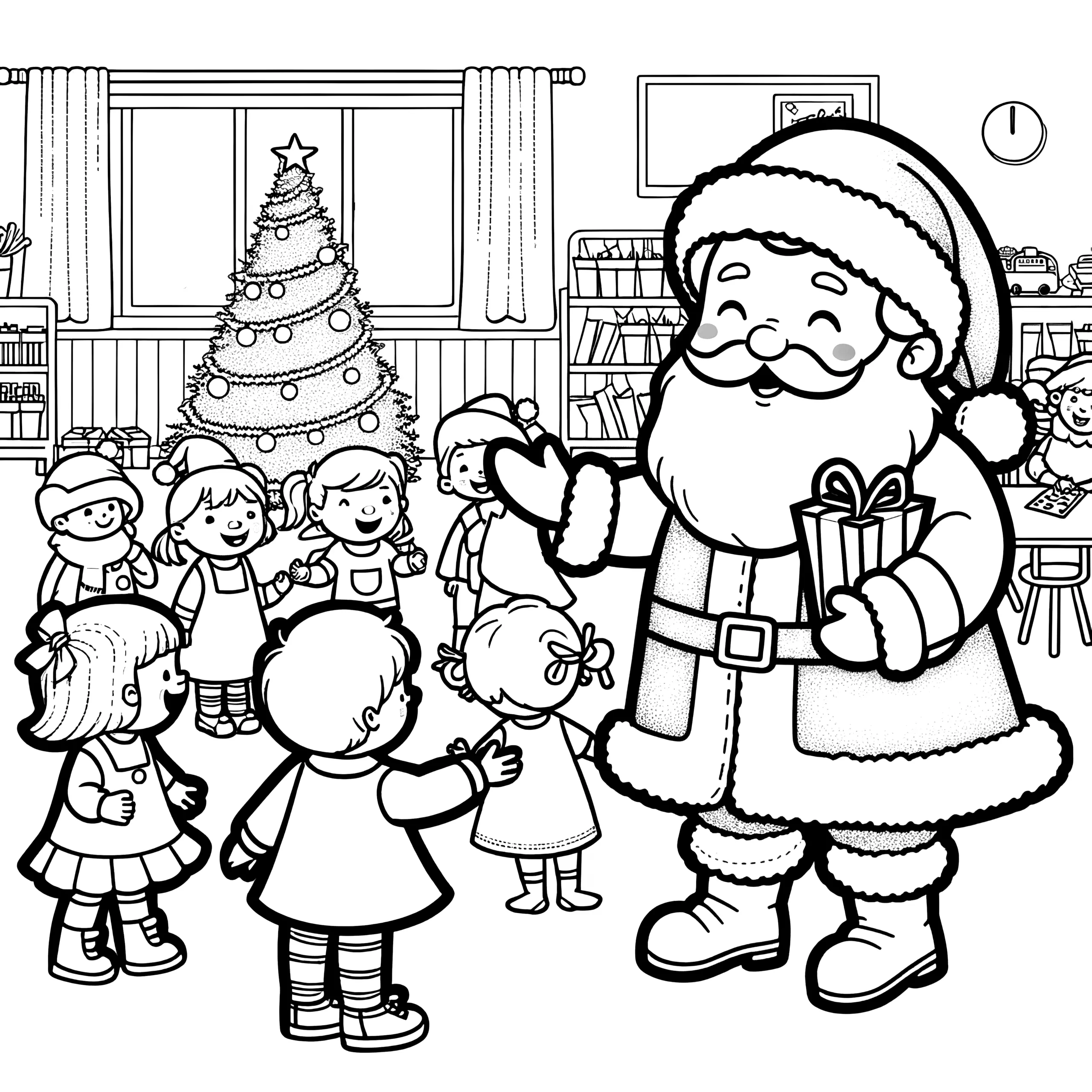 Weihnachtsmann in Grundschule & Kindergarten (Ausmalbild)