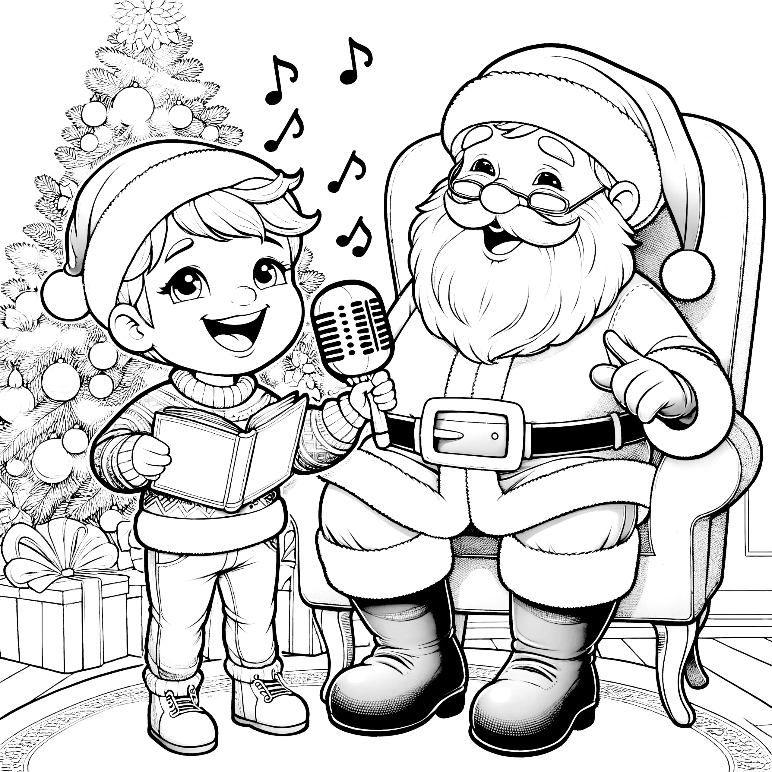 Weihnachtsmann & Junge beim Singen (kostenlose Malvorlage) (Ausmalbild)