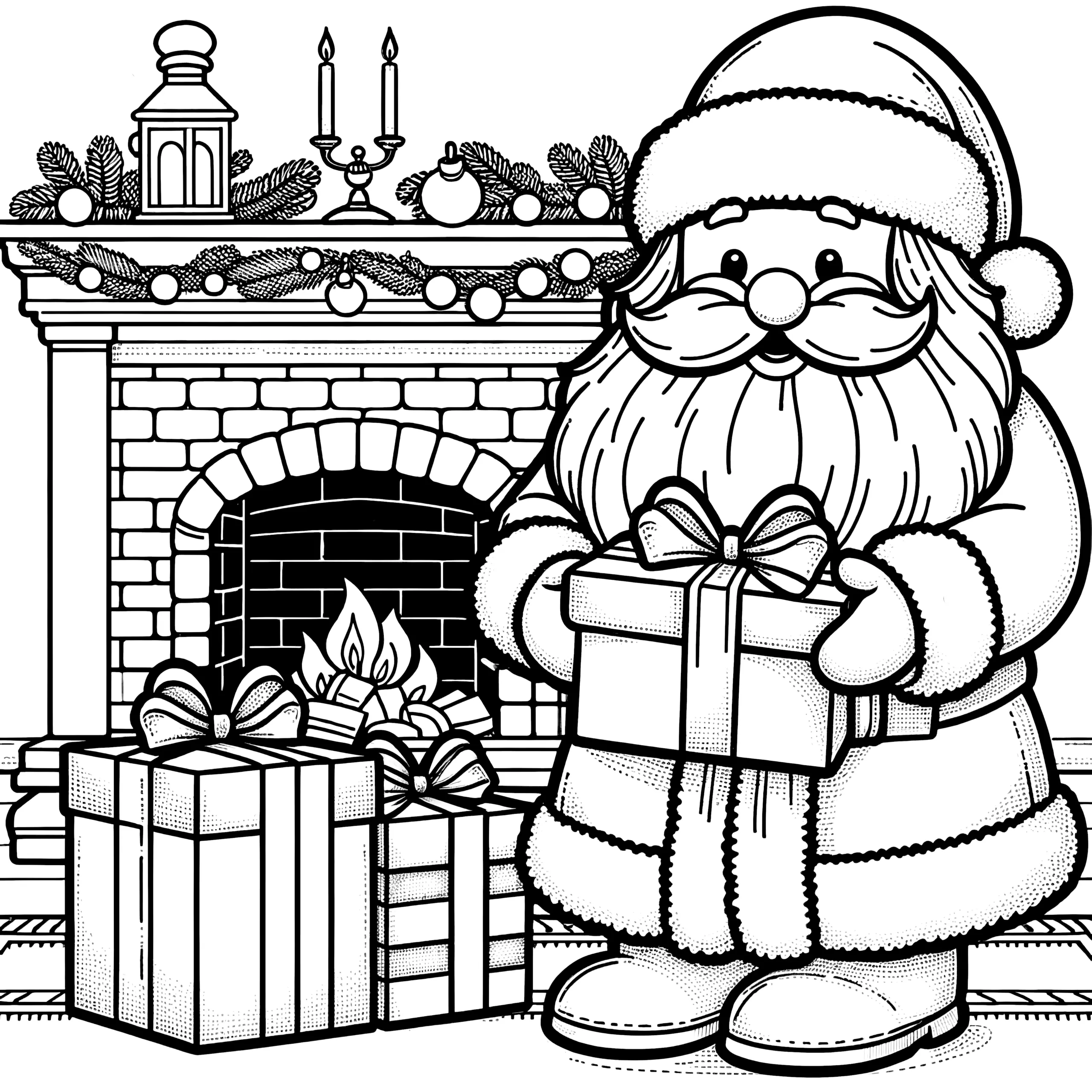 Weihnachtsmann am Kamin mit Geschenken (kostenloses Ausmalbild)