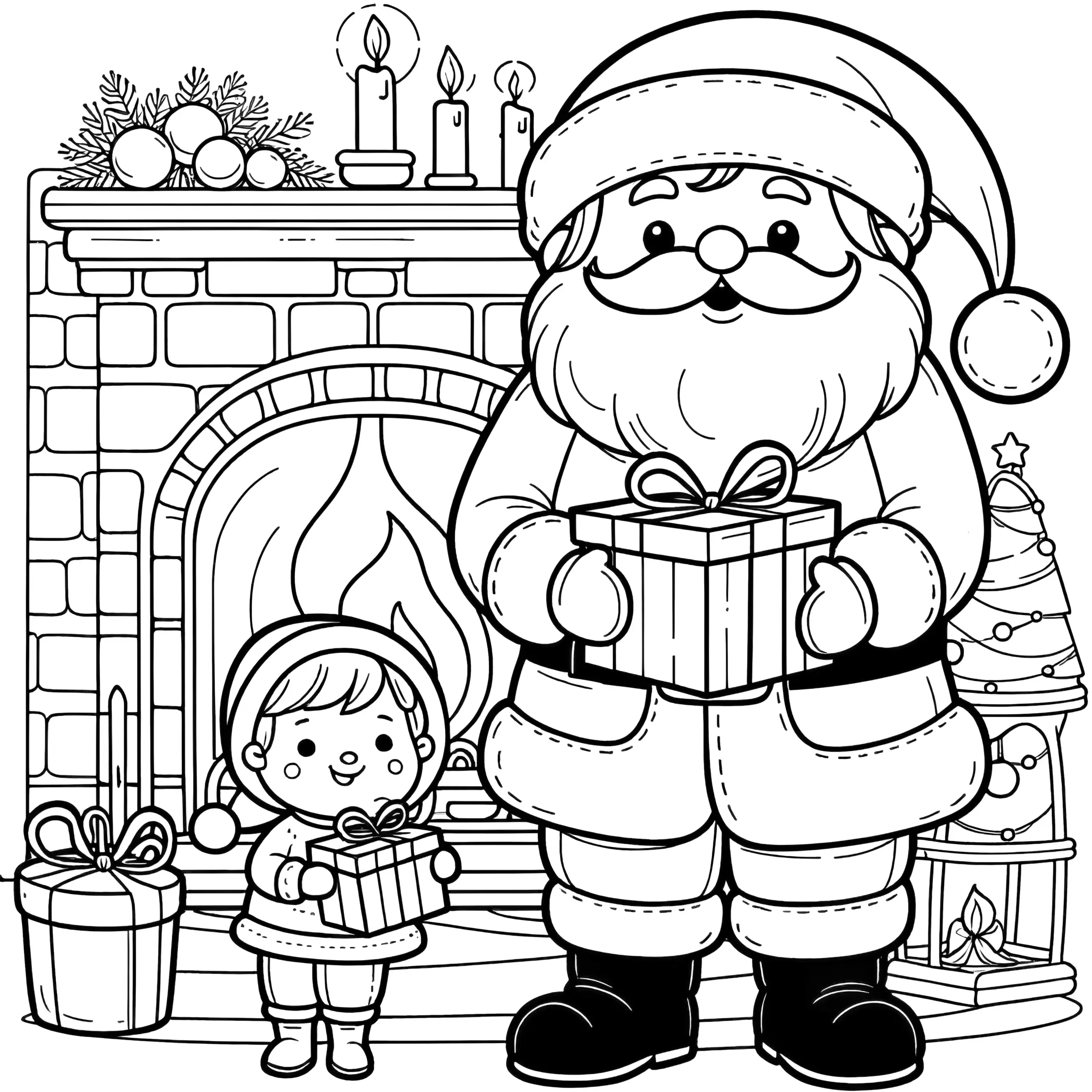 Weihnachtsmann am Kamin: Malvorlage für Kinder (Ausmalbild)