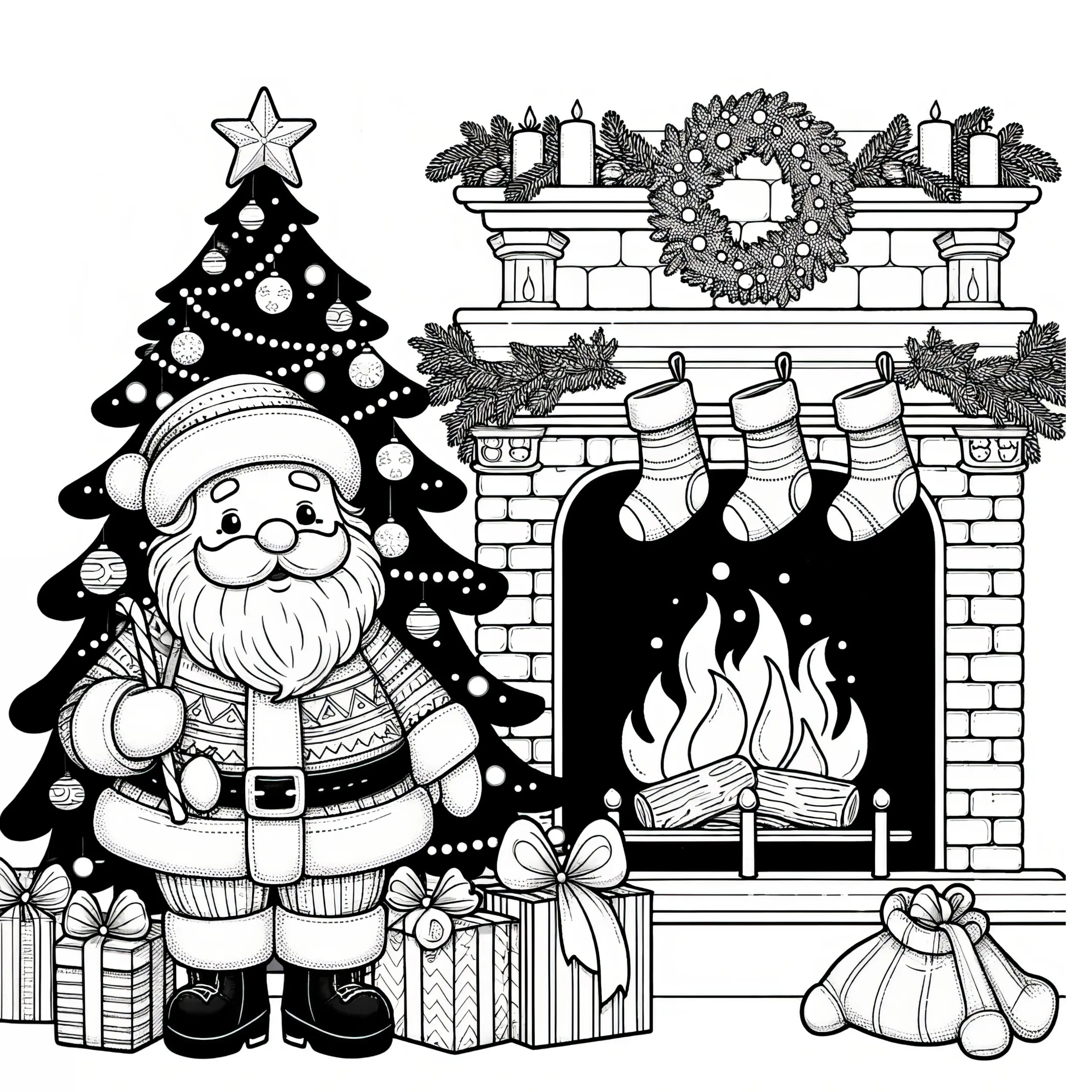 Weihnachtsmann am Kamin vor Tannenbaum (Ausmalbild)