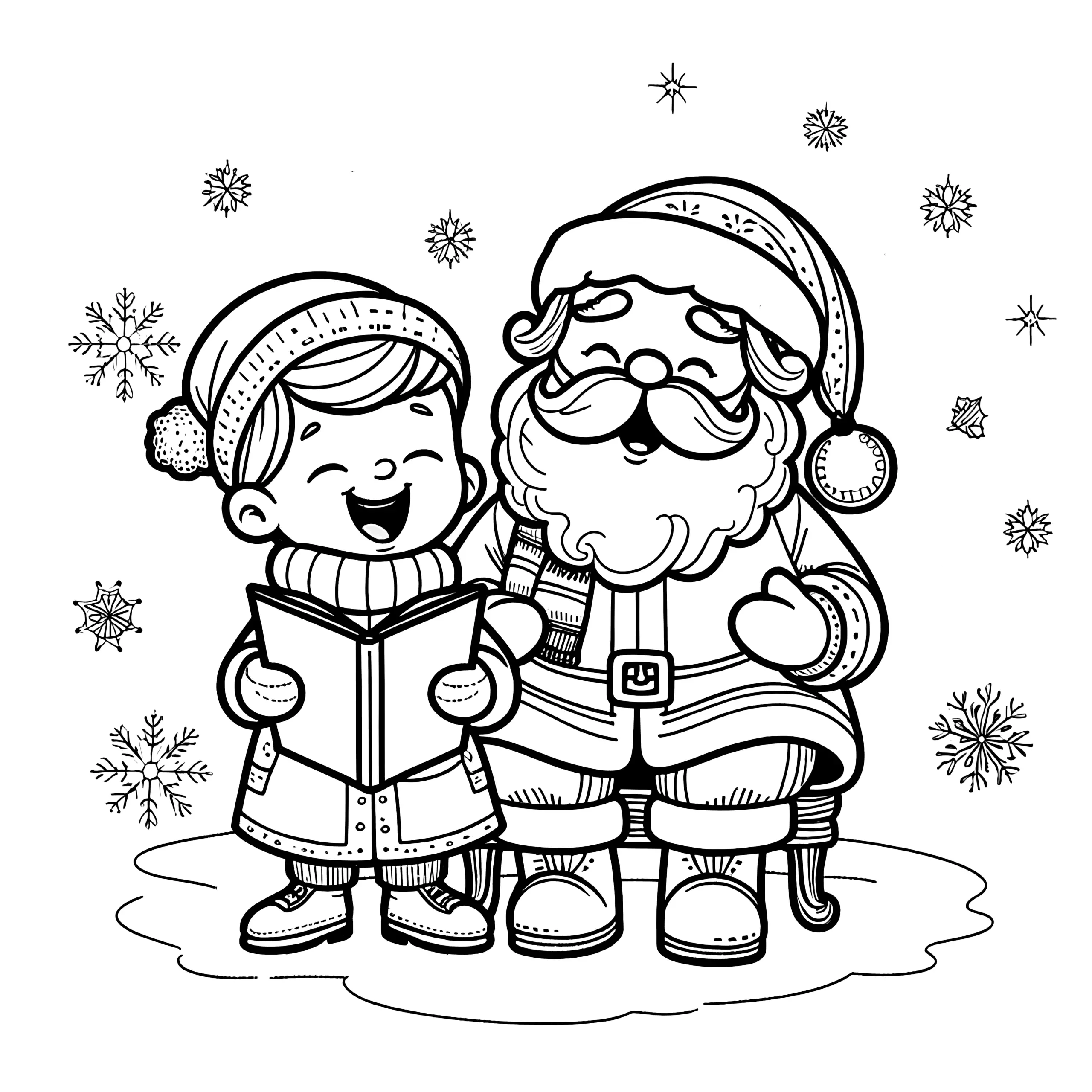 Weihnachtsmann & Kind beim Singen (einfaches Ausmalbild)