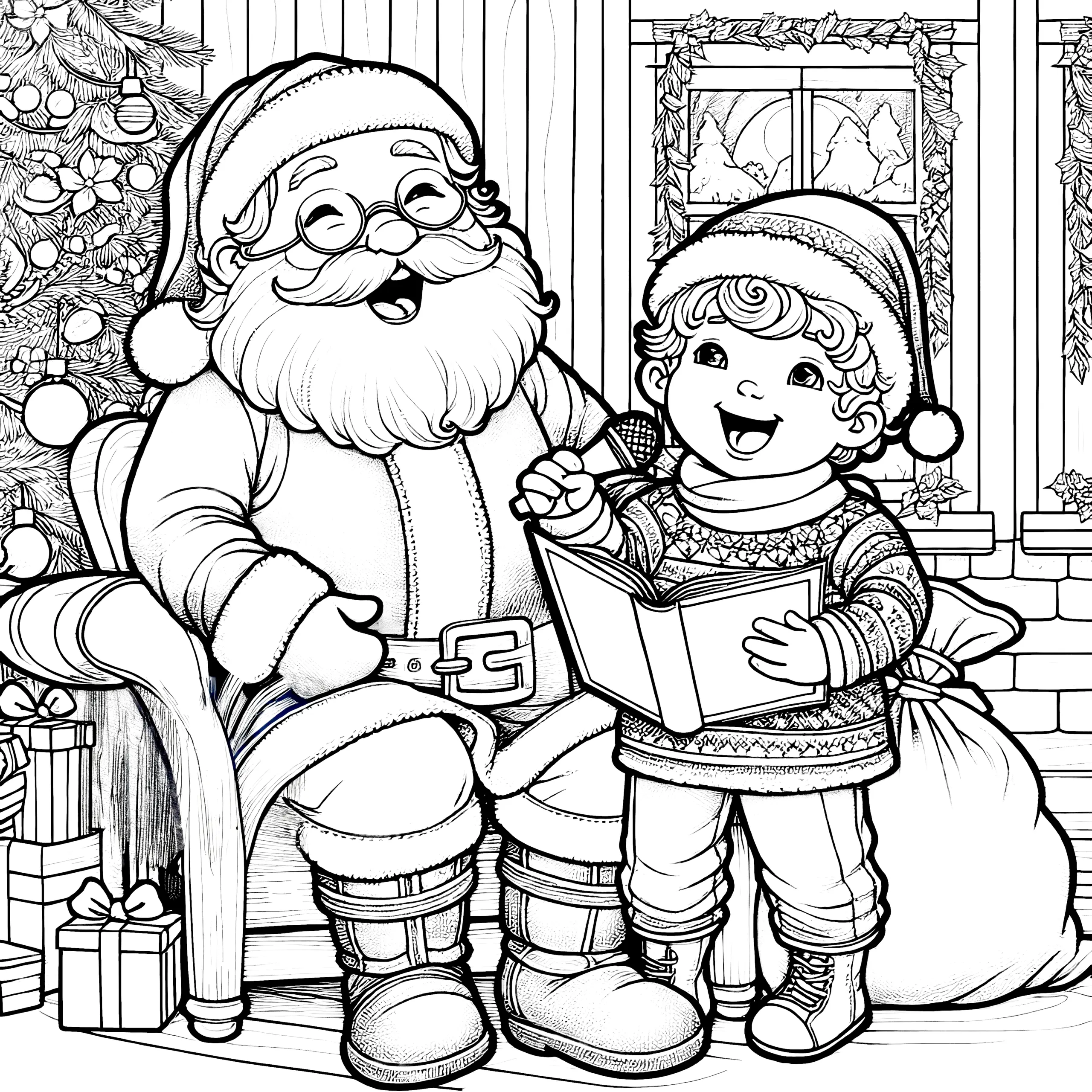 Weihnachtsmann & Kind singen am Weihnachtsbaum (Malvorlage) (Ausmalbild)
