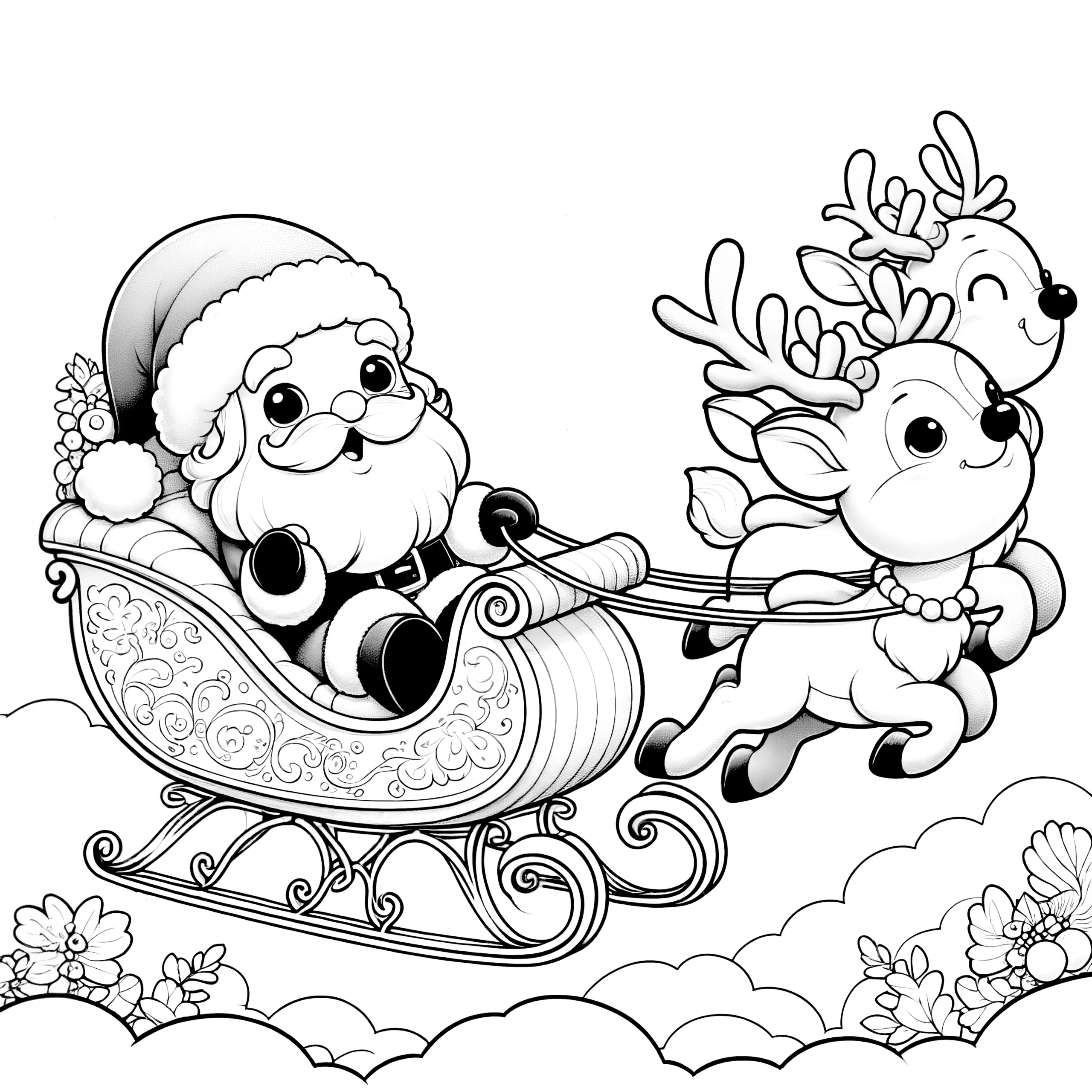Weihnachtsmann mit Schlitten & Rentieren: Ausmalbild