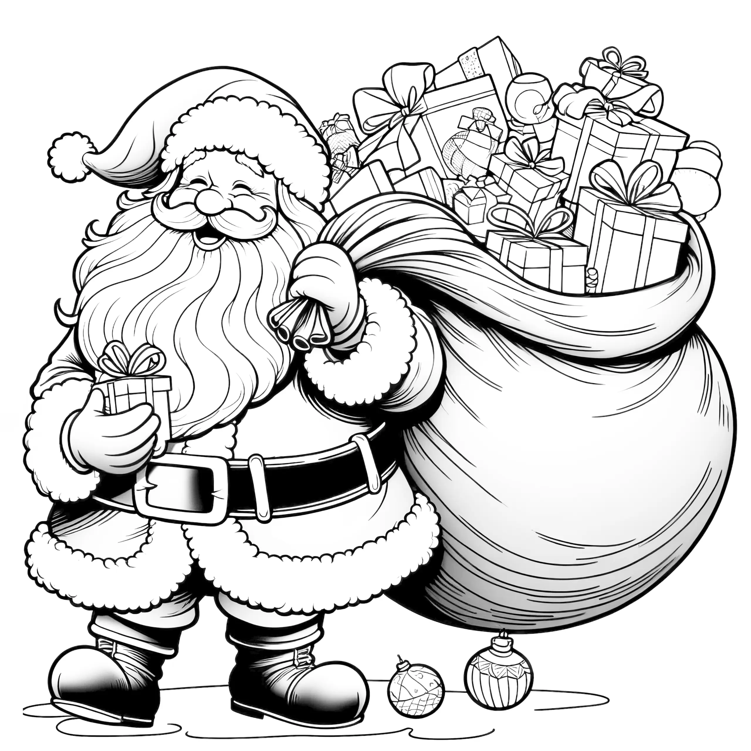 Weihnachtsmann mit Sack voller Geschenke: Ausmalbild kostenlos
