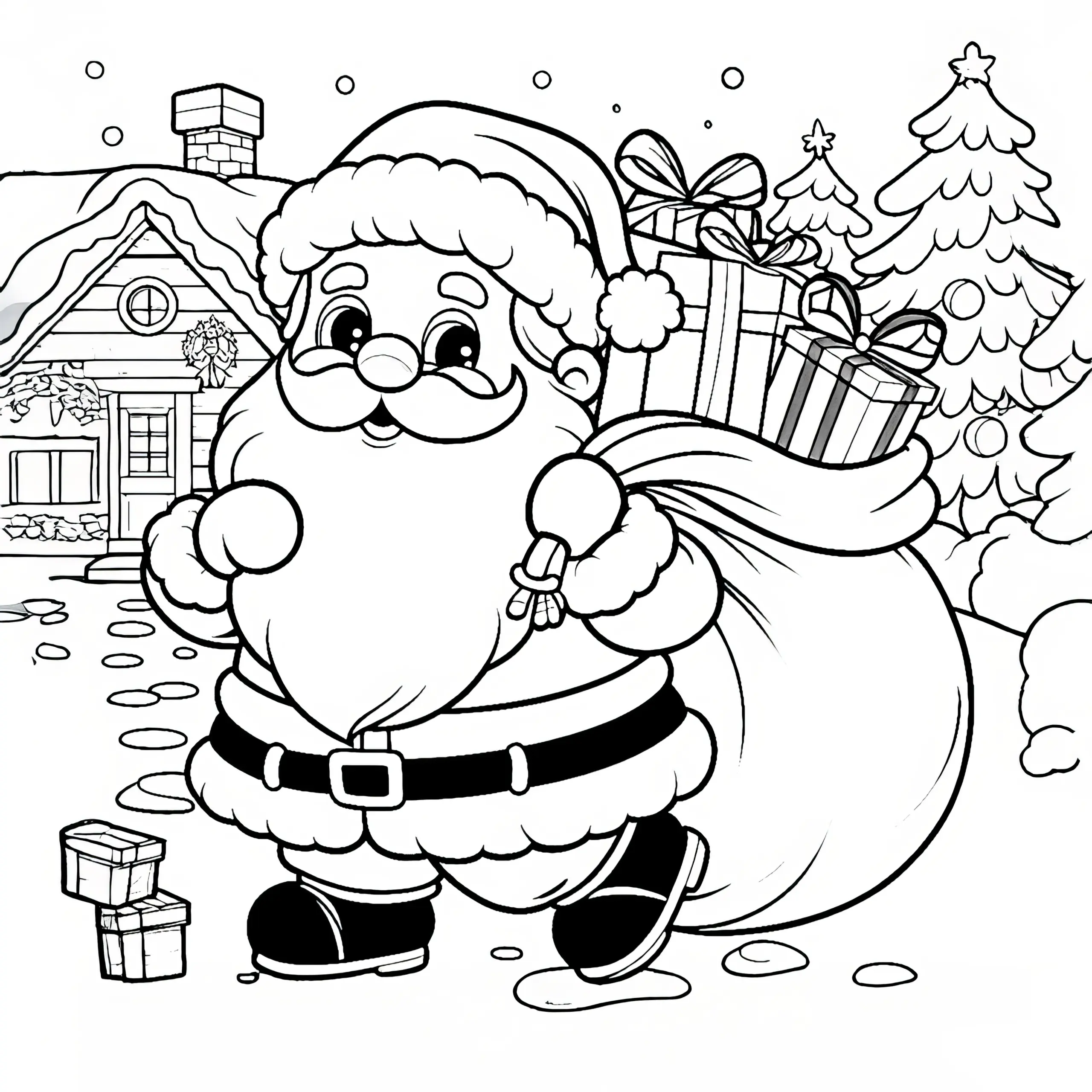 Weihnachtsmann mit Sack voller Geschenke im Dezember: Gratis Malvorlage (Ausmalbild)