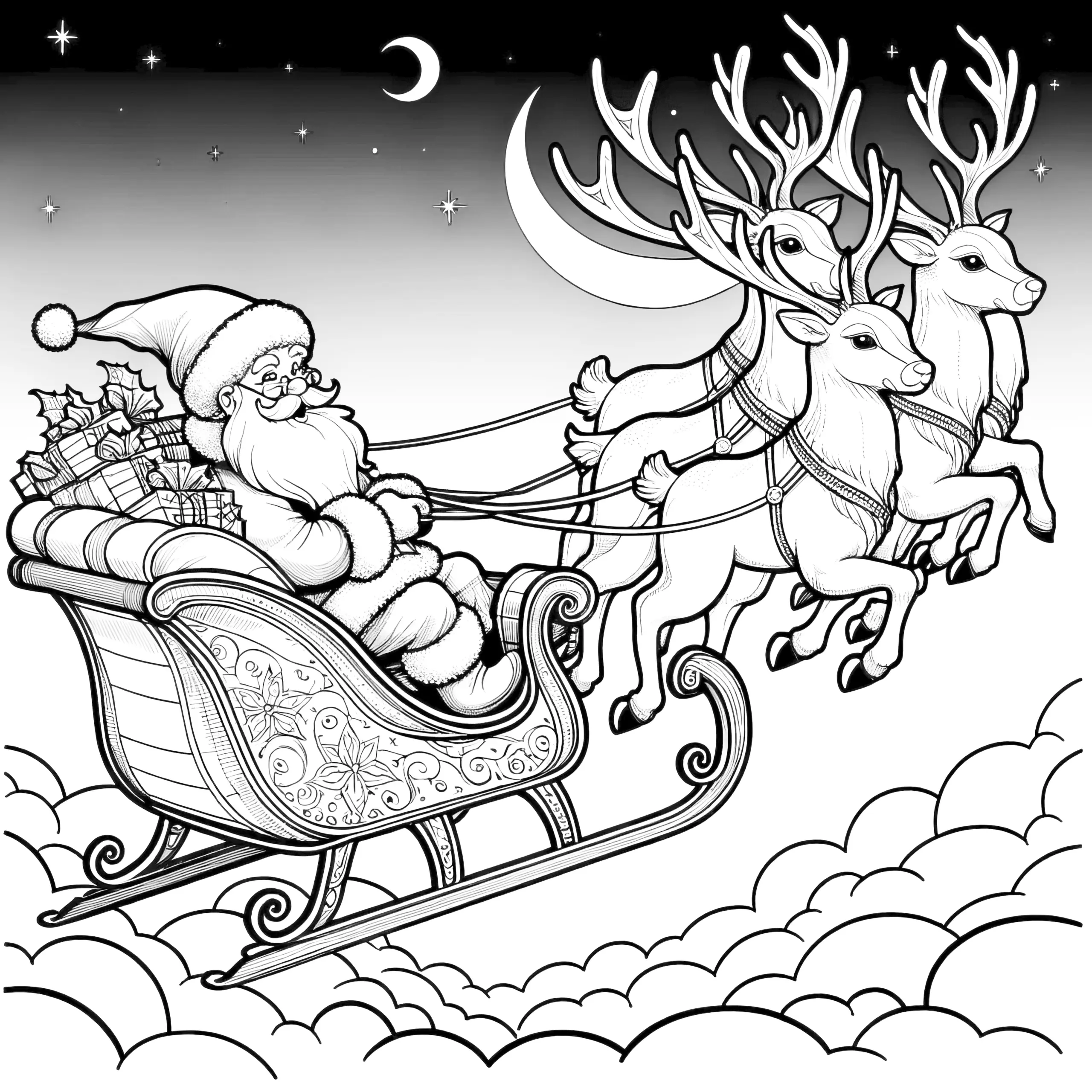 Weihnachtsmann, Schlitten & Rentiere (Ausmalbild)