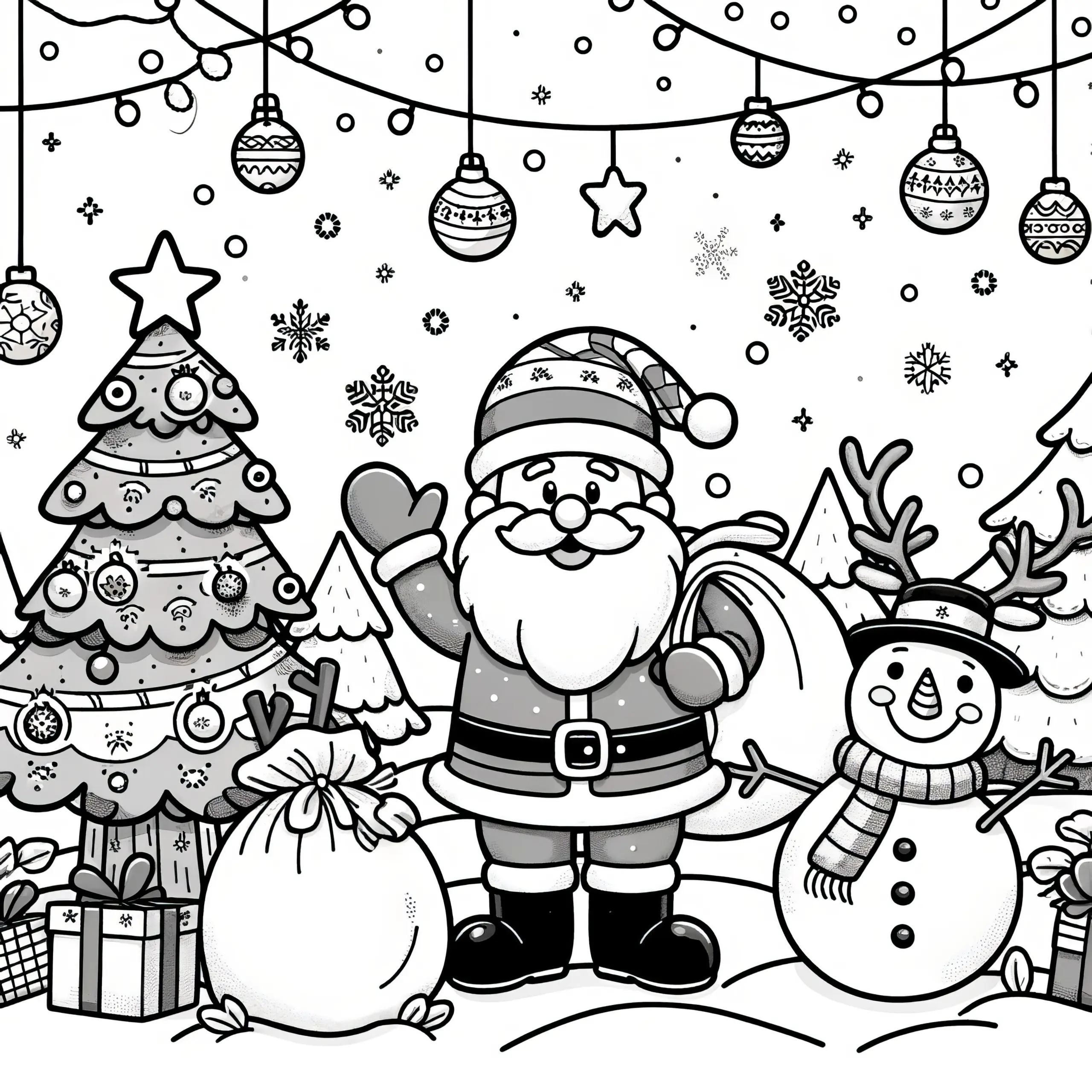 Weihnachtsmann, Schneemann, Tannenbaum: einfache Malvorlage (Ausmalbild)