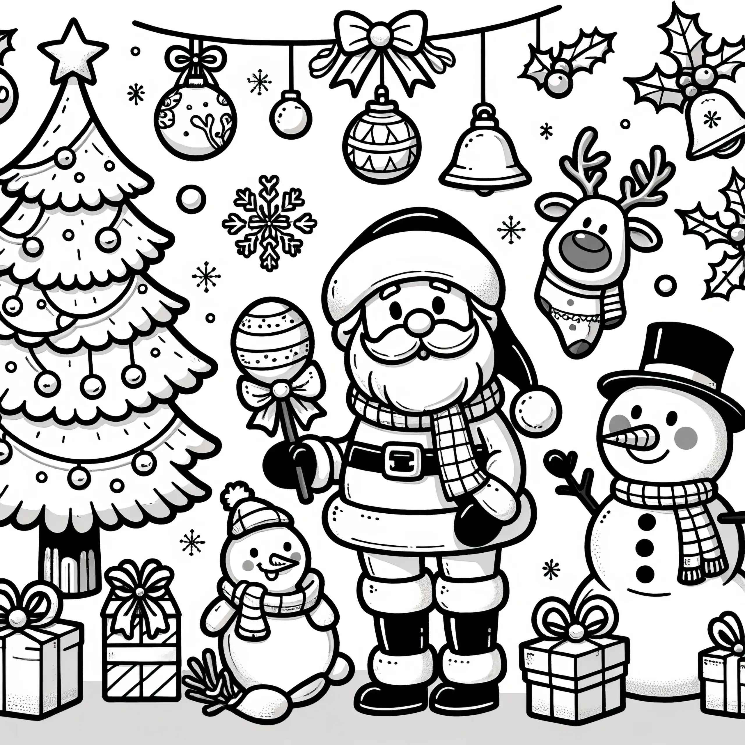 Weihnachtsmann, Schneemann, Tannenbaum: einfaches Ausmalbild
