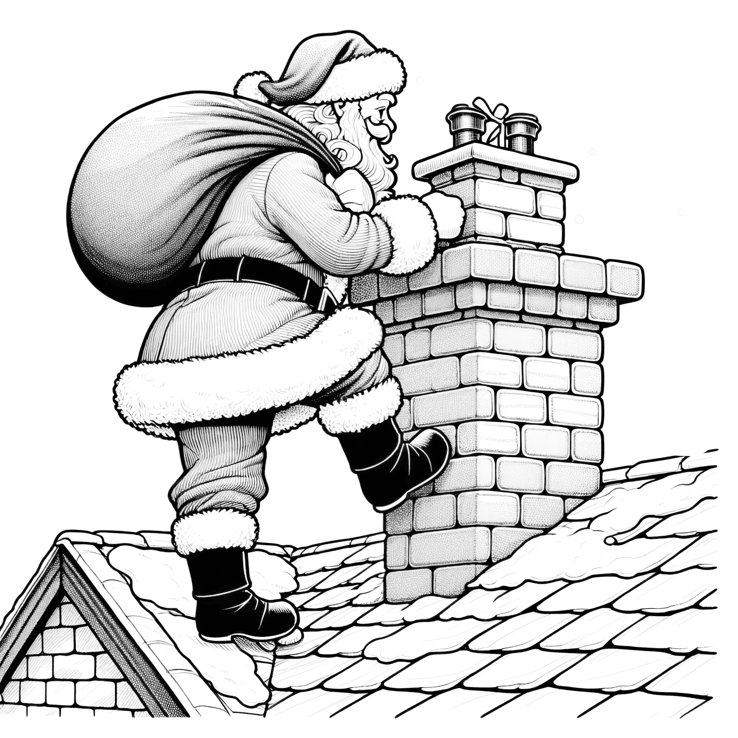 Weihnachtsmann am Schornstein mit Geschenkesack (Malvorlage) (Ausmalbild)