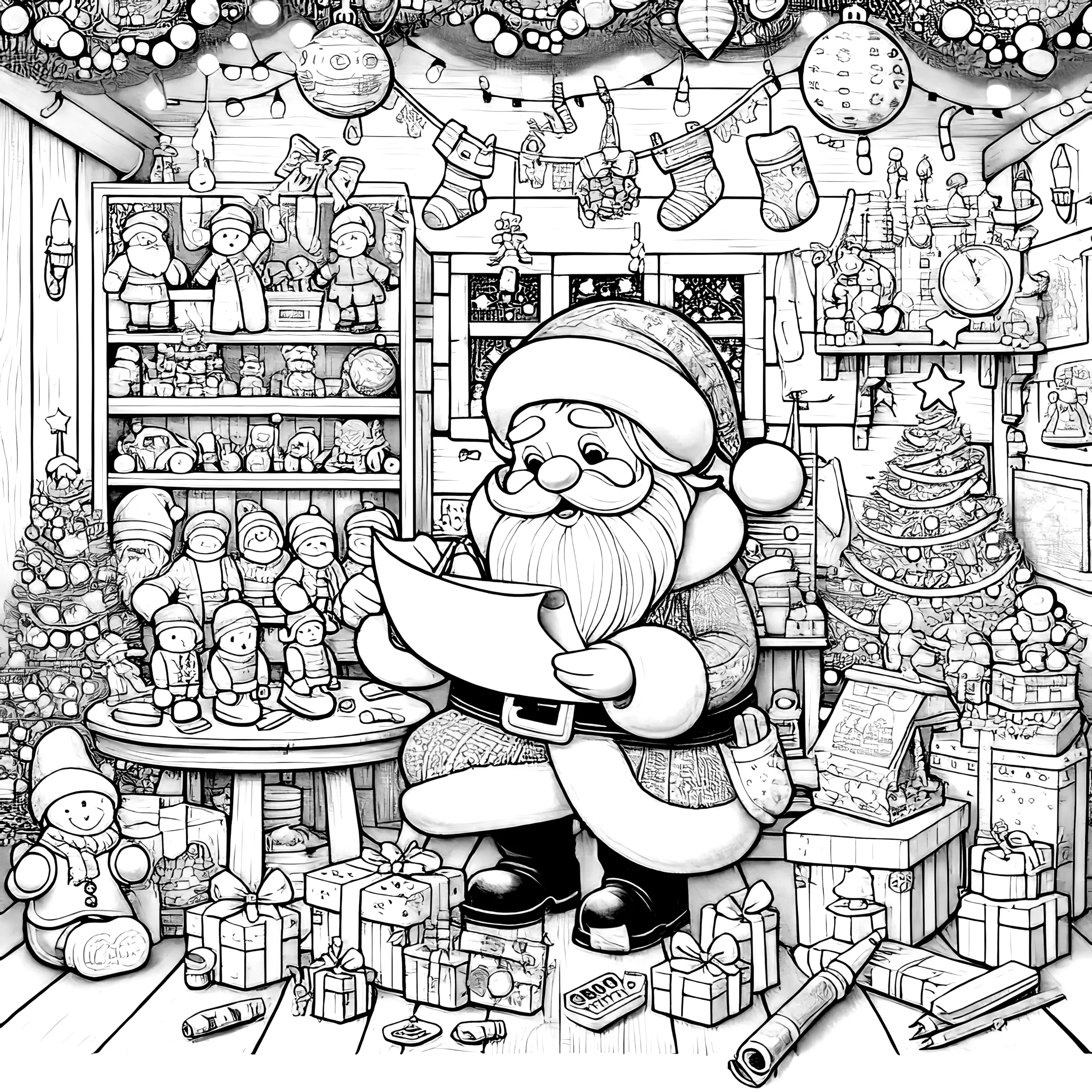 Weihnachtsmann mit vielen Geschenken: kostenloses Ausmalbild