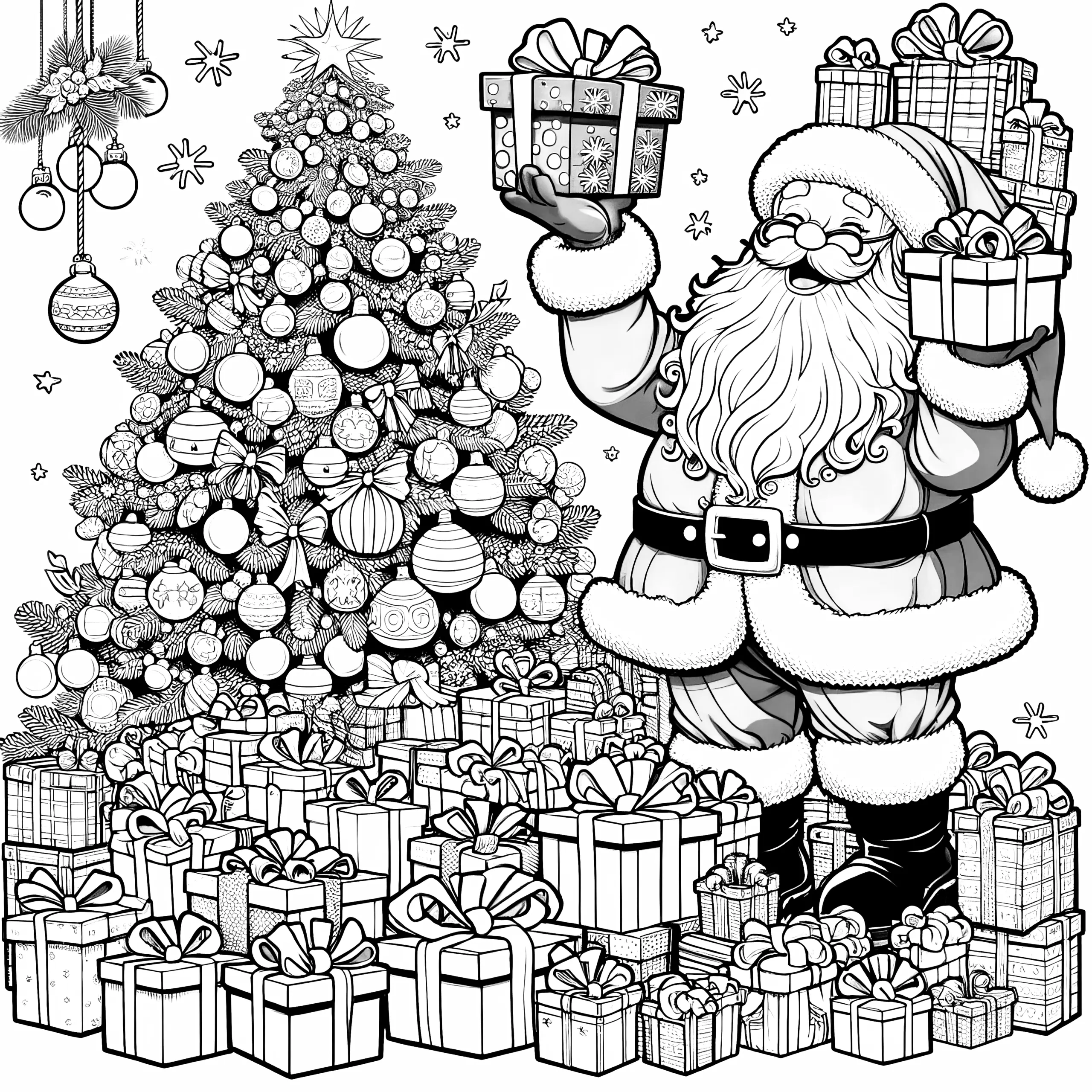 Weihnachtsmann, viele Geschenken & Tannenbaum (Malvorlage) (Ausmalbild)