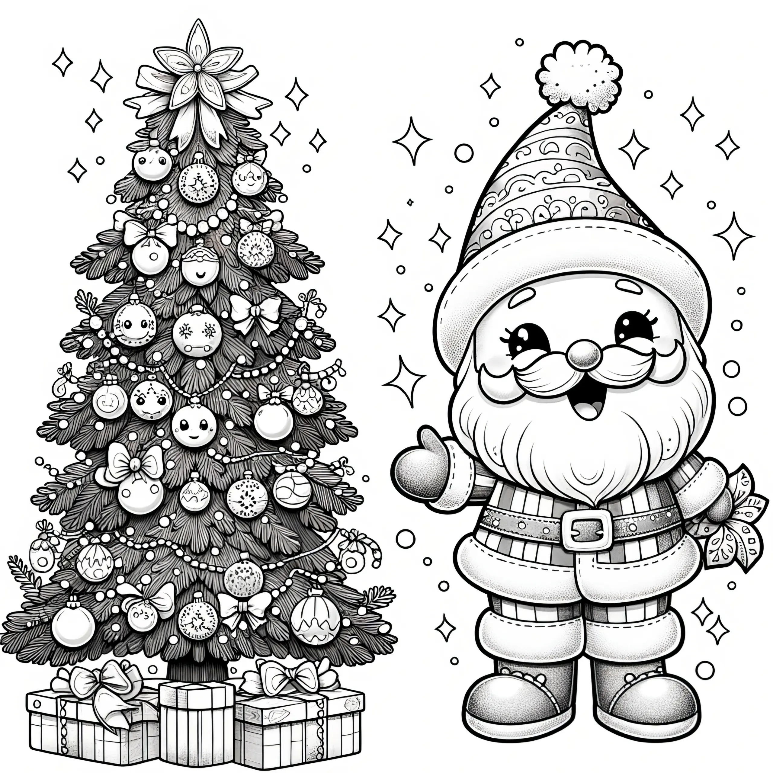 Weihnachtsmann, Weihnachtsbaum & Geschenke (Malvorlage) (Ausmalbild)