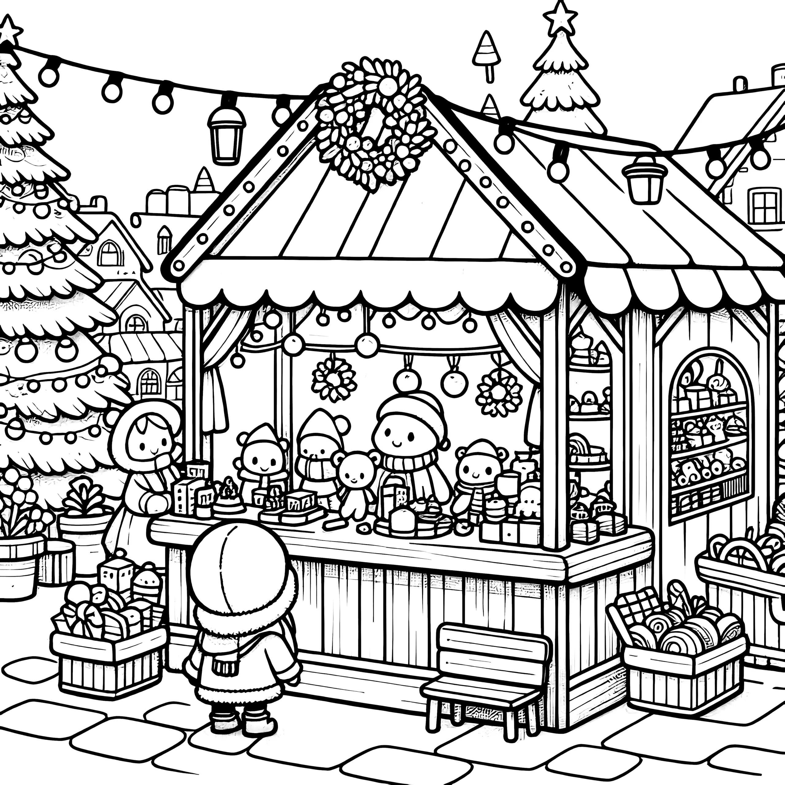 Auf dem Weihnachtsmarkt: kostenloses Bild zum Ausmalen (Ausmalbild)